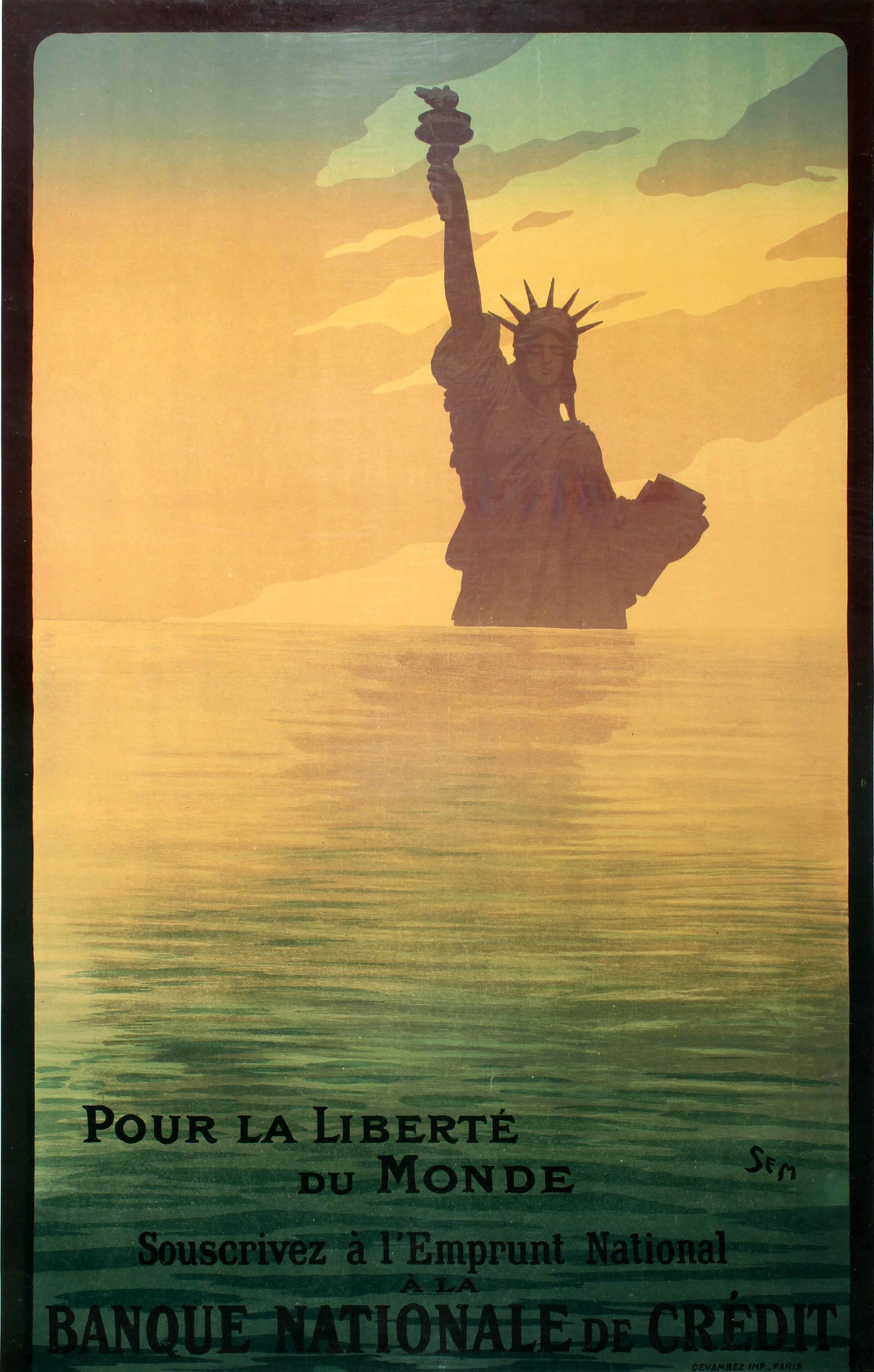 Georges Goursat Print - Original Antique WWI Poster Pour La Liberte Du Monde Statue Of Liberty War Loan