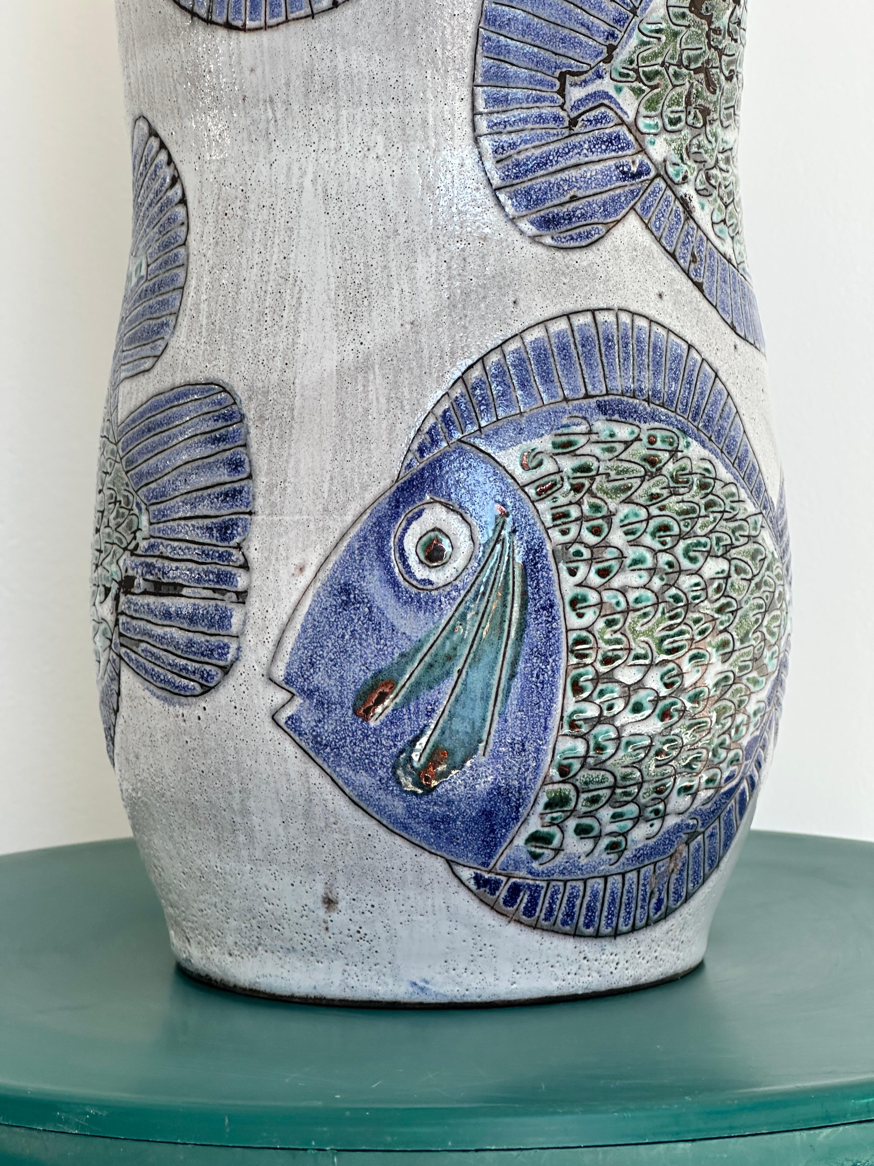 Mid-20th Century Georges GOUZY earthenware vase, fish design and polychrome enamel, France 1950s For Sale