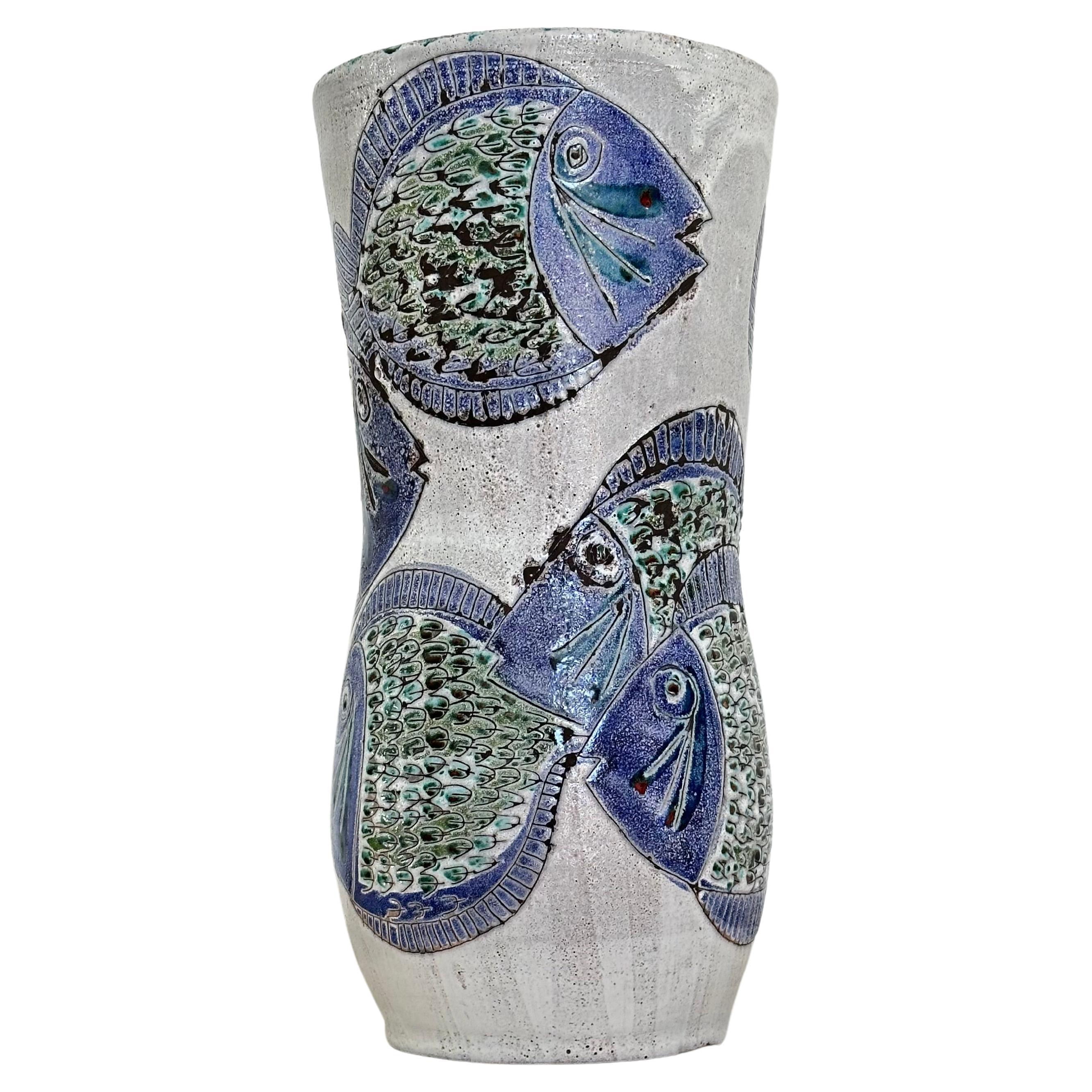 Georges GOUZY earthenware vase, fish design and polychrome enamel, France 1950s For Sale
