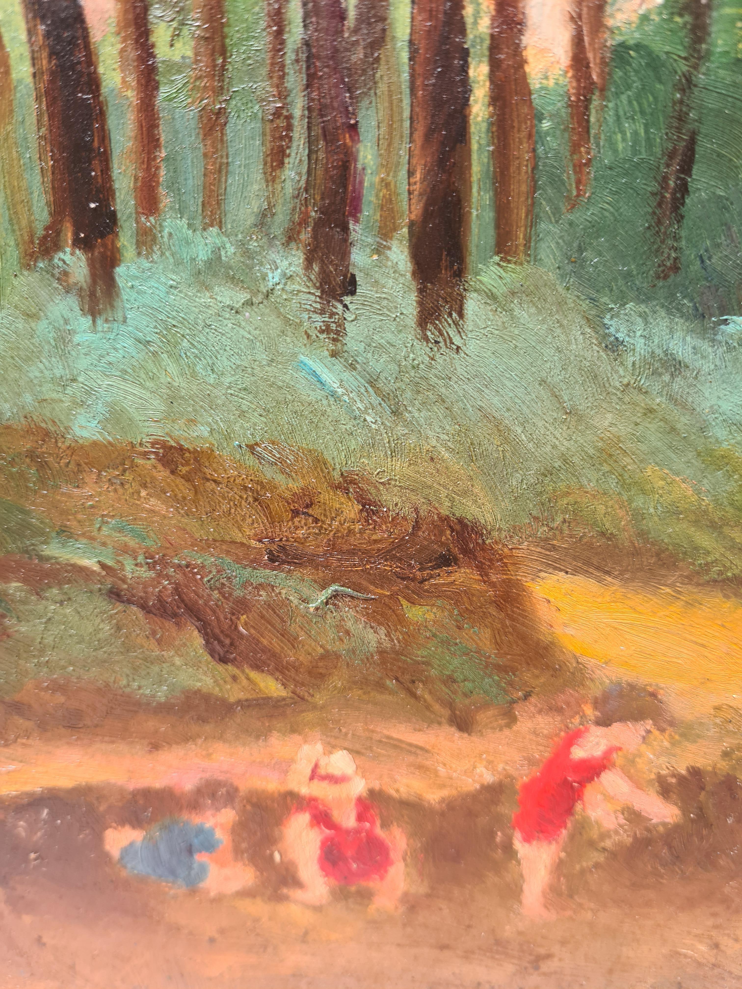 1930s French Impressionist Barbizon School oil on panel view of children playing in a forest by Georges Guerin (1910-1984). The painting is signed bottom right and also signed top left to the back of the board. The painting is also titled and dated