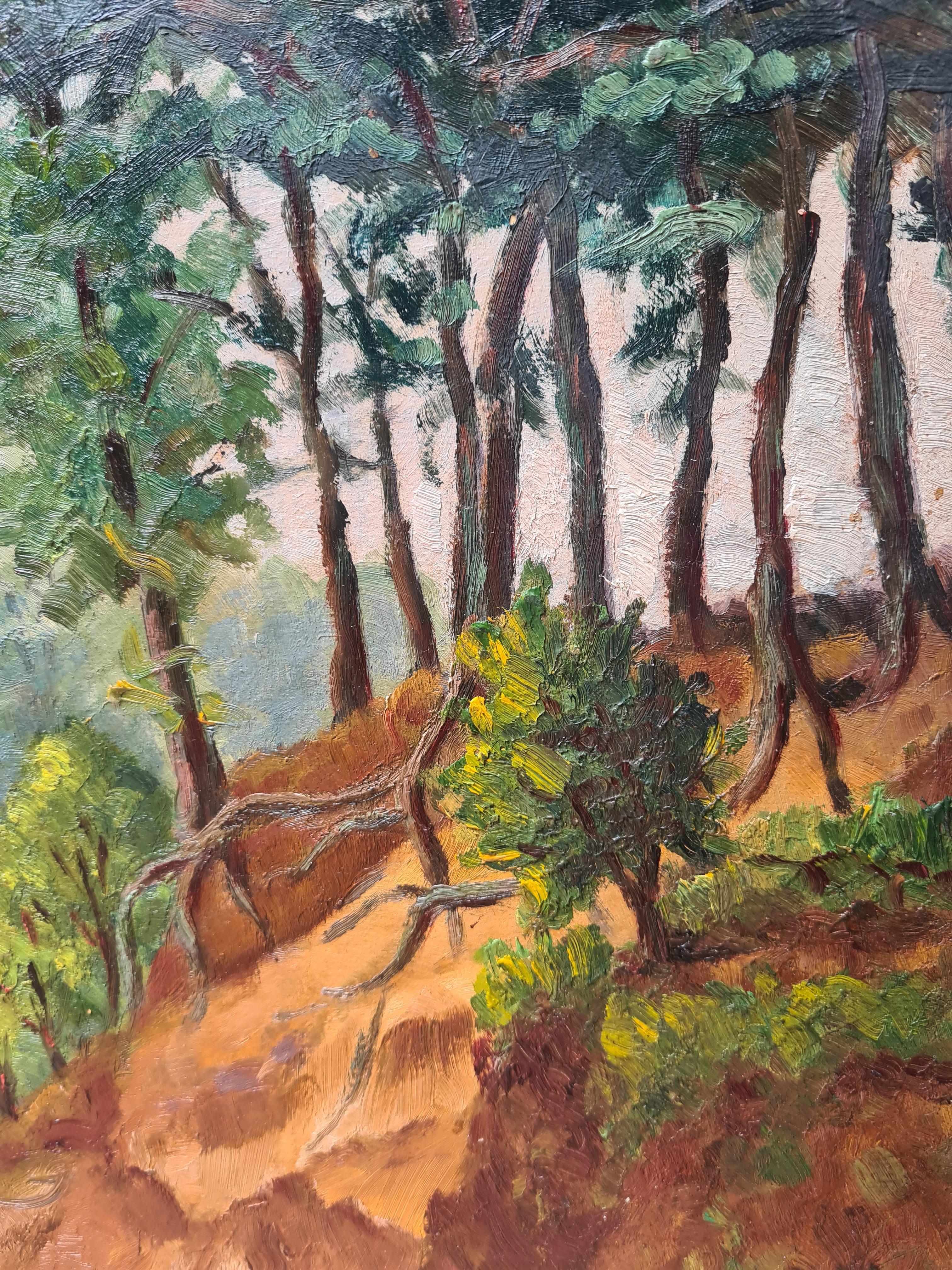French Impressionist Barbizon School Landscape, Forest at Mont-de-l'Enclus - Brown Landscape Painting by Georges Guerin