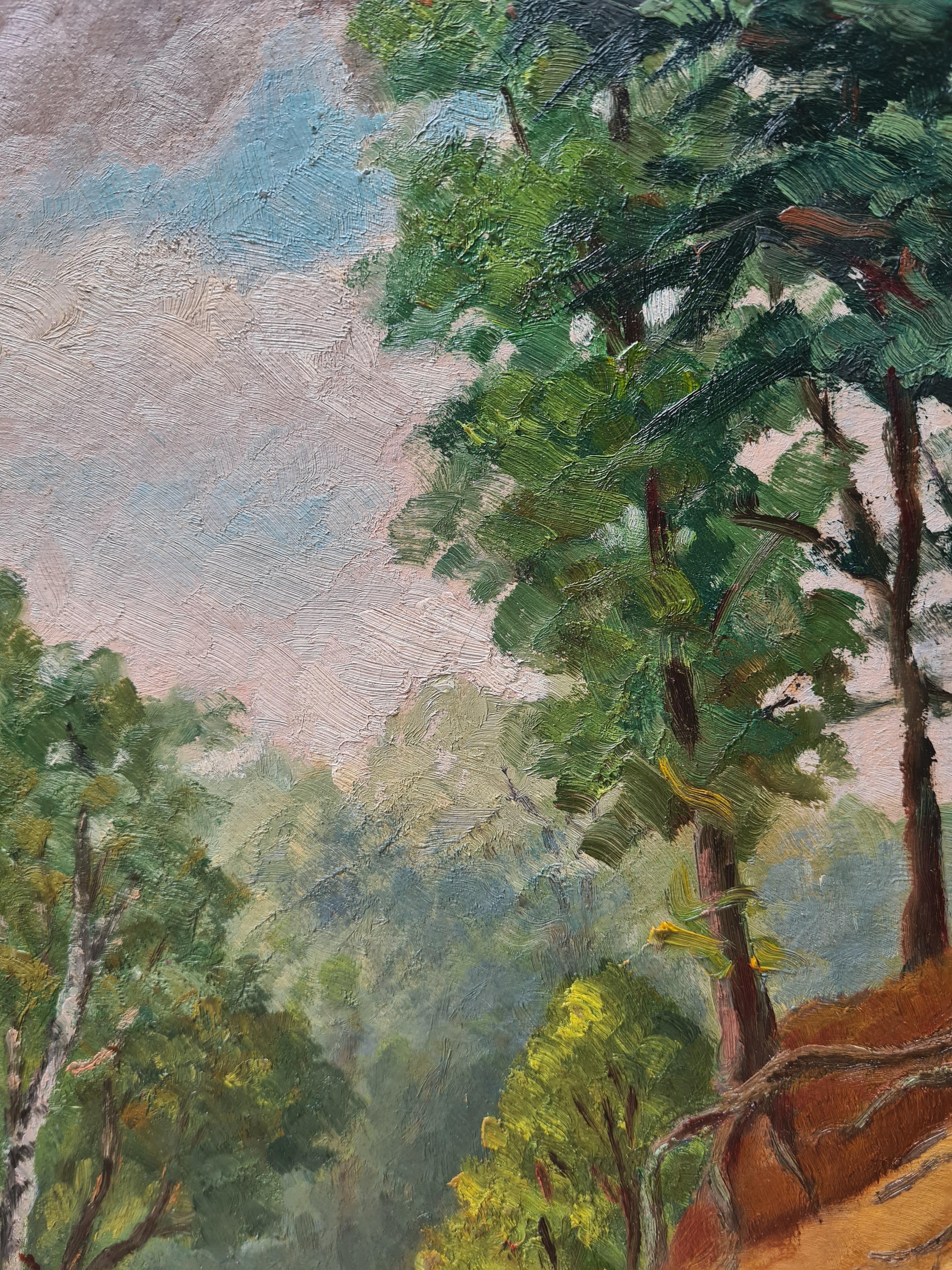 1930s French Impressionist Barbizon School oil on panel view of a forest by Georges Guerin (1910-1984). The painting is signed bottom left and is also titled and dated to the back of the board, 'Mont-de-l'Enclus, 15 Juin 1935' and initialled.

A