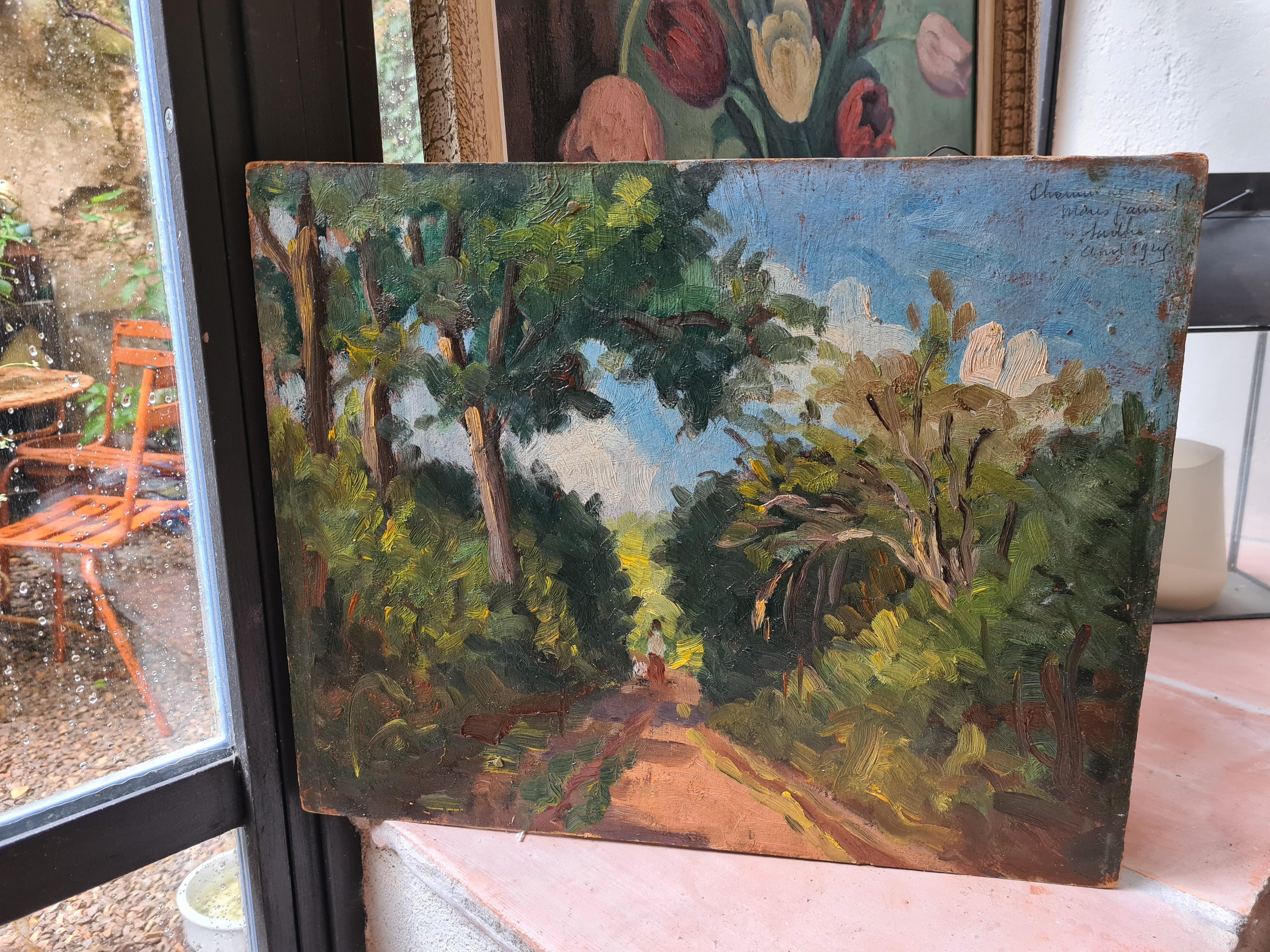 Paysage impressionniste de l'école de Barbizon, Une promenade dans les bois Huile sur carton. - Painting de Georges Guerin
