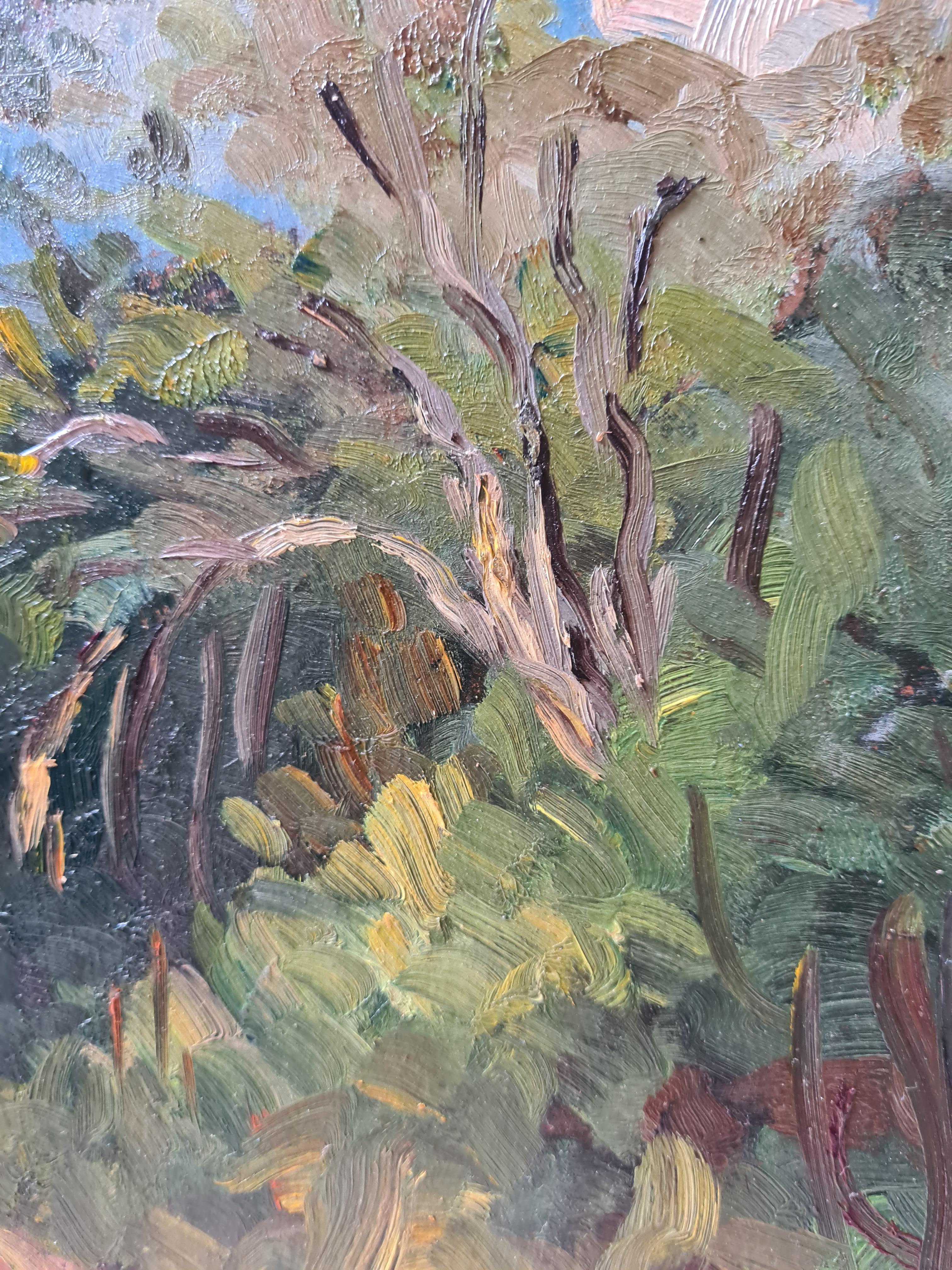 Huile sur panneau de l'école de Barbizon, impressionniste française des années 1930, représentant un chemin dans un bois, par Georges Guerin. Le tableau est titré et daté en haut à droite et porte le cachet rouge de l'atelier au dos du