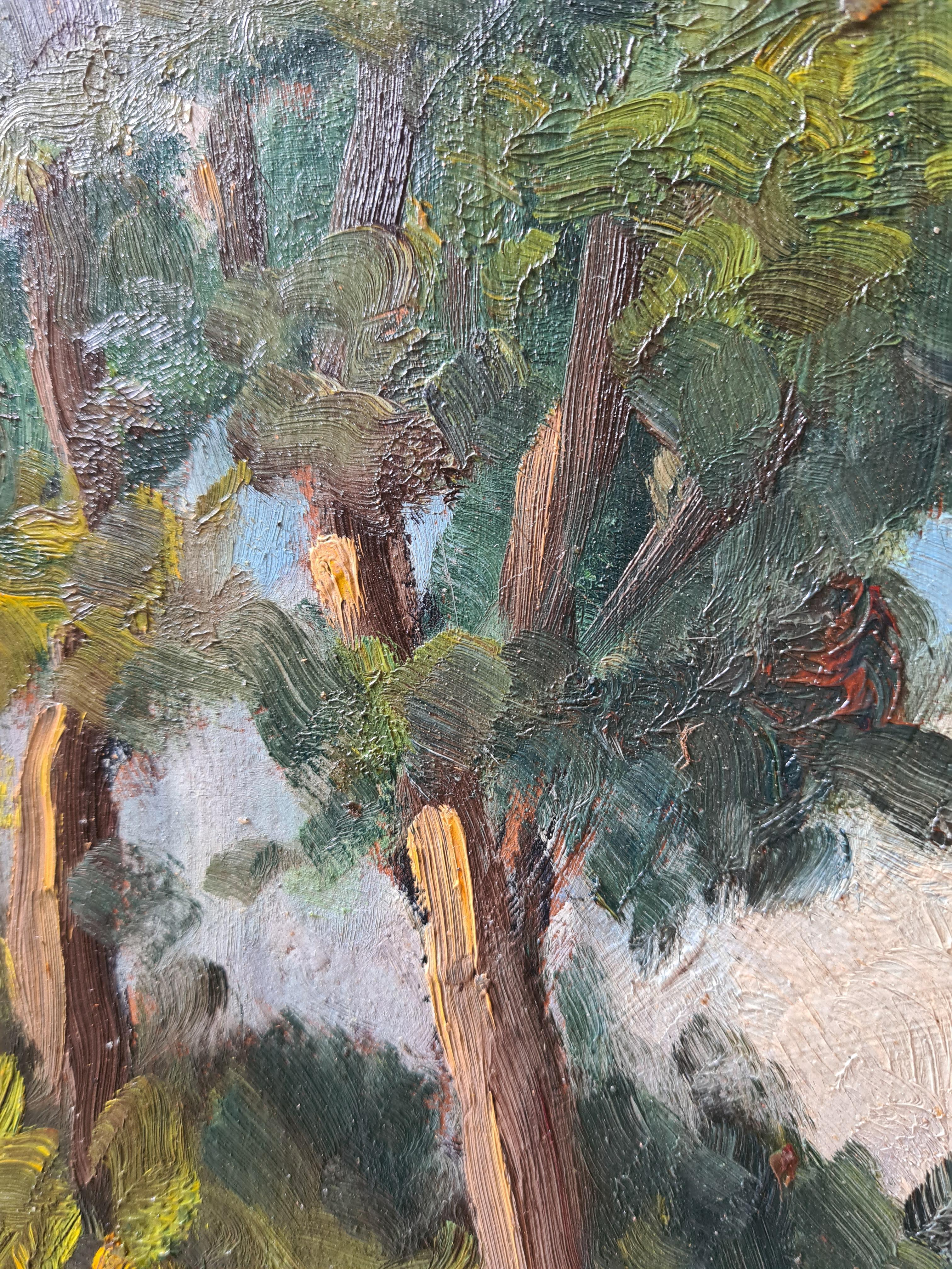 Paysage impressionniste de l'école de Barbizon, Une promenade dans les bois Huile sur carton. 1