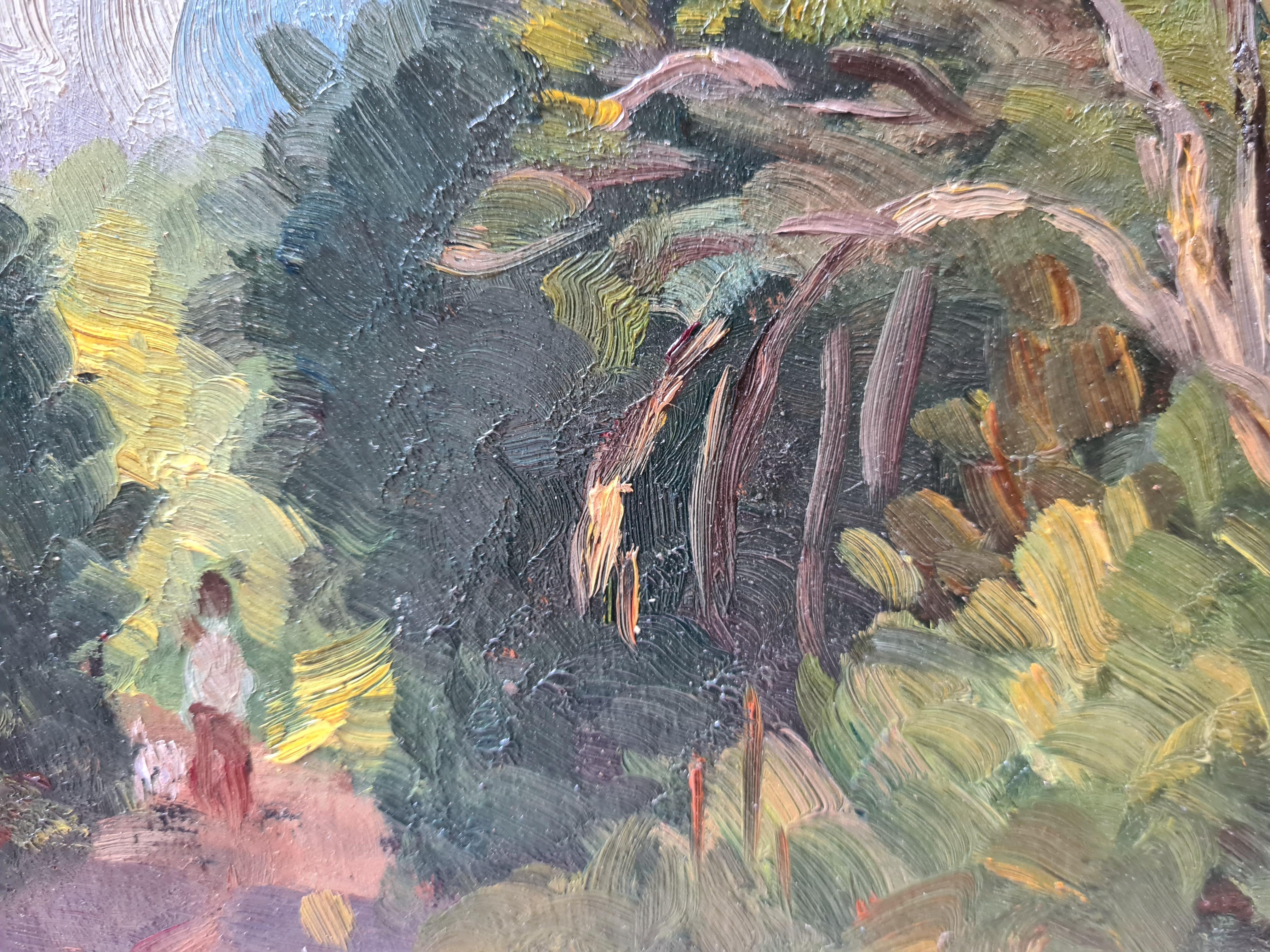 Paysage impressionniste de l'école de Barbizon, Une promenade dans les bois Huile sur carton. 3