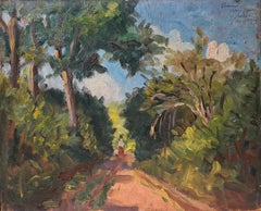 Paysage impressionniste de l'école de Barbizon, Une promenade dans les bois Huile sur carton.