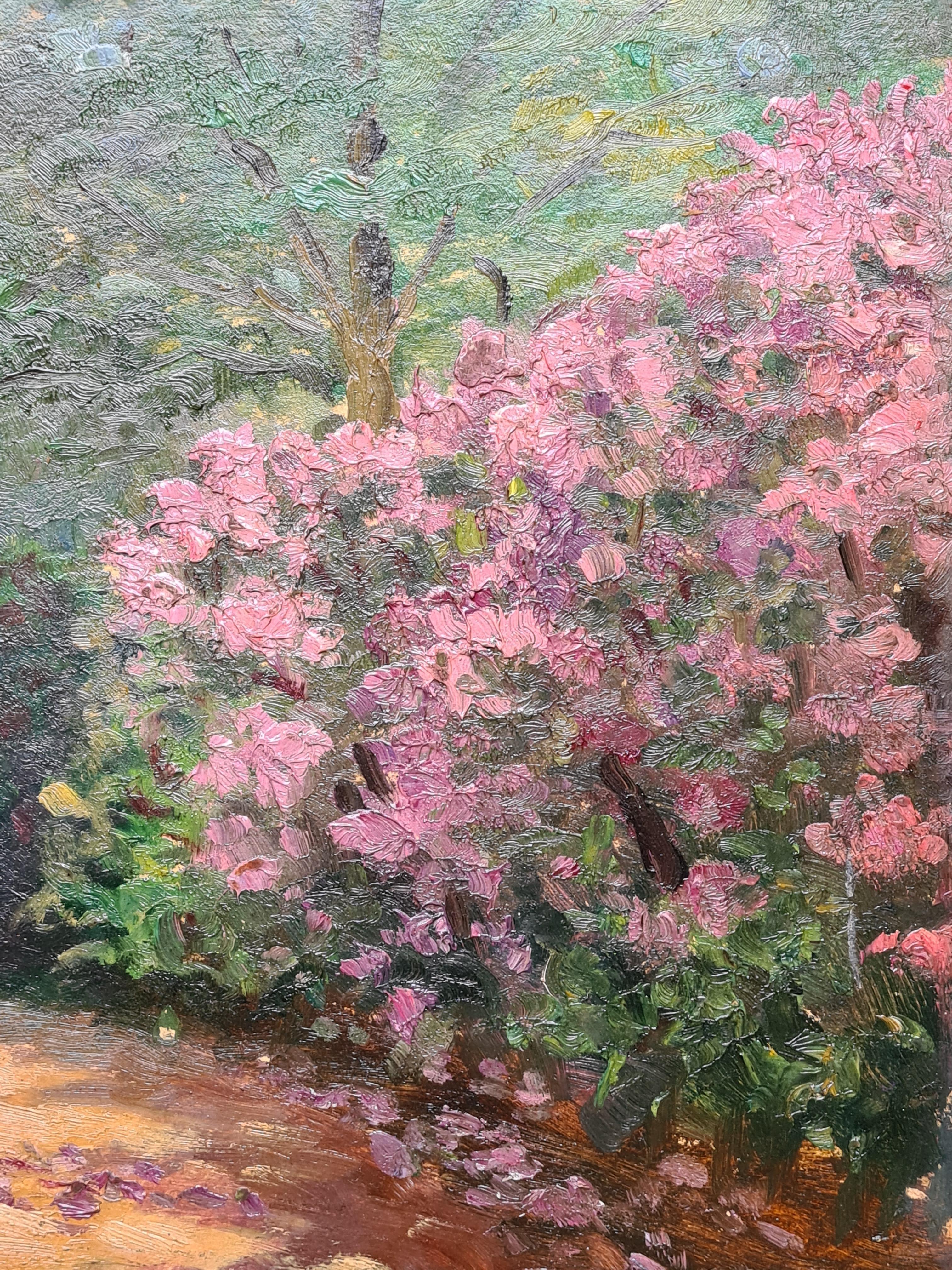 Huile sur panneau de l'école impressionniste de Barbizon des années 1930, vue de buissons d'azalées dans un bois par Georges Guerin. Le tableau est signé en bas à droite et titré, daté et signé au dos du tableau.

Une scène lumineuse et colorée de