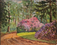 Paysage impressionniste de l'école de Barbizon, les Rhododendrons. Huile sur carton.