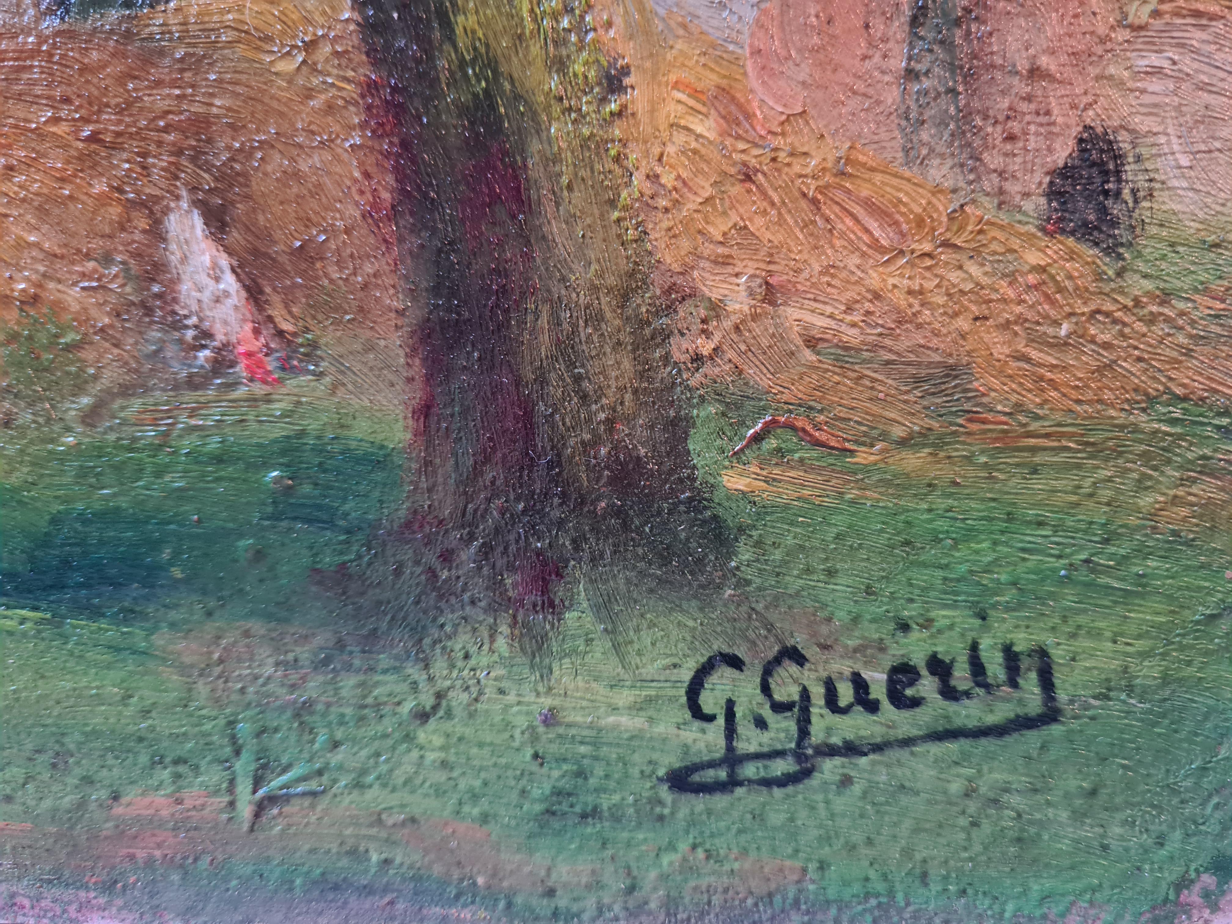 Paisaje impresionista de la Escuela de Barbizon, La cabaña de paja y las gallinas. - Painting de Georges Guerin