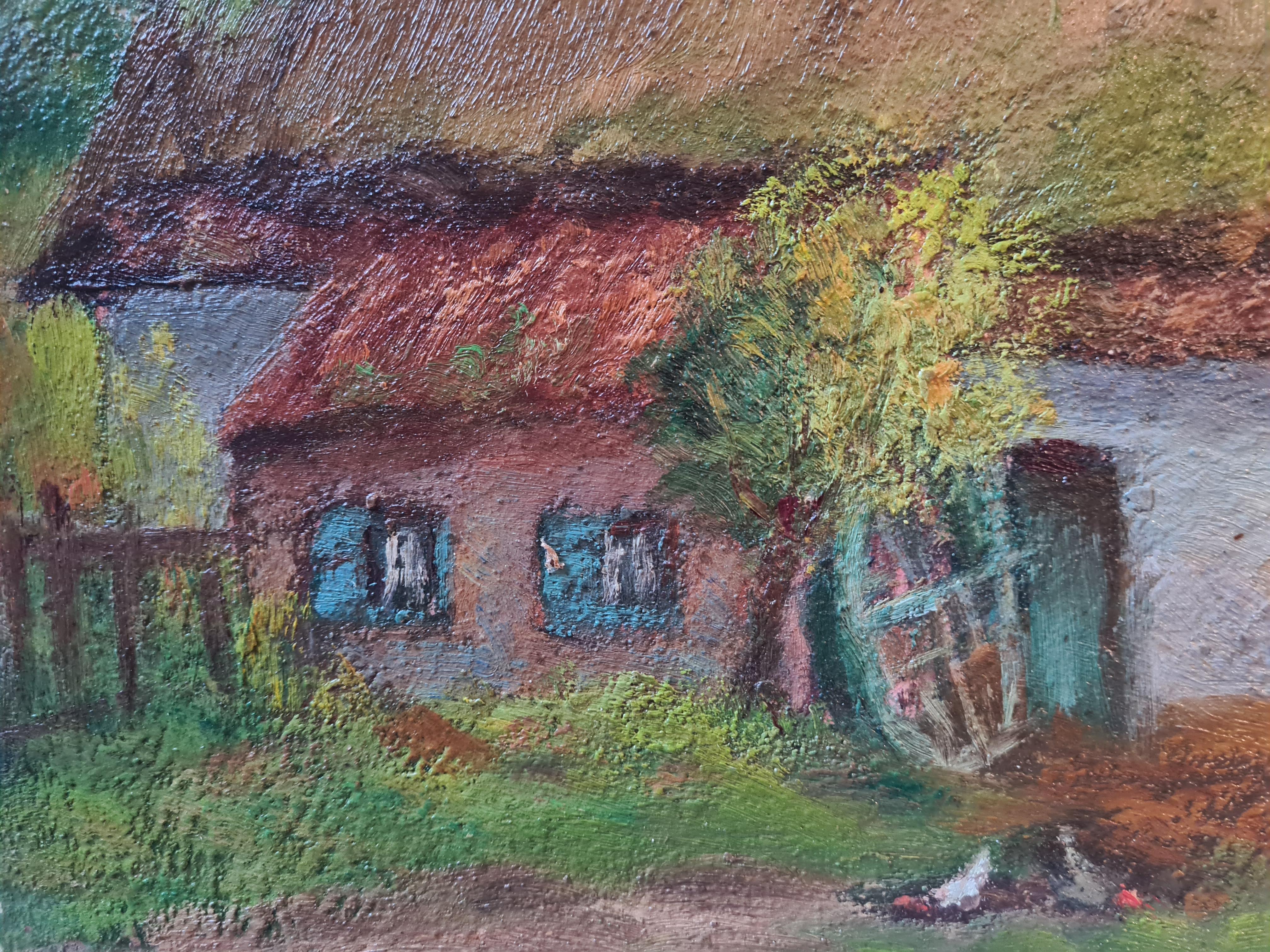 Óleo sobre tabla de la Escuela de Barbizon de los impresionistas franceses de los años 30, vista de gallinas delante de una casa de campo, de Georges Guerin. El cuadro está firmado abajo a la derecha.

Una encantadora escena de una idílica casa de