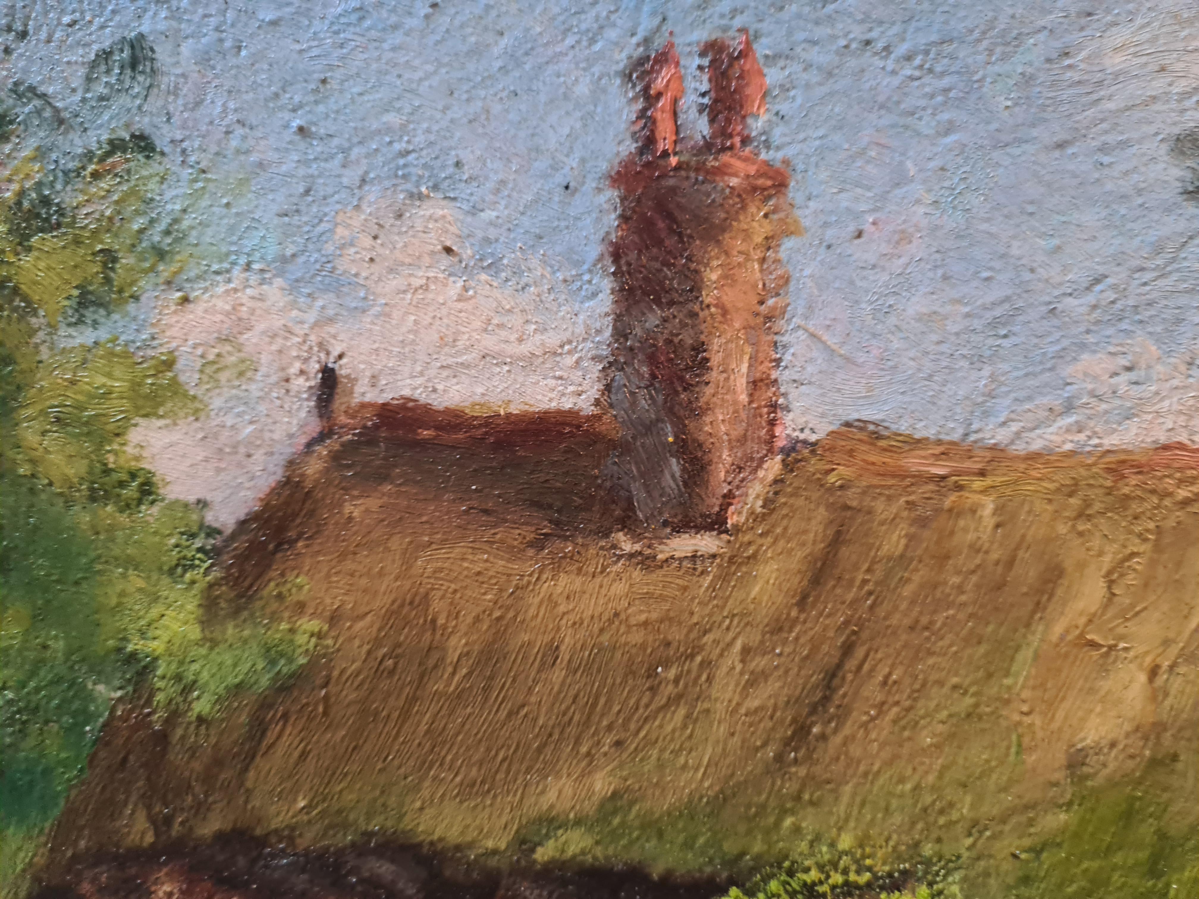 Paisaje impresionista de la Escuela de Barbizon, La cabaña de paja y las gallinas. en venta 2