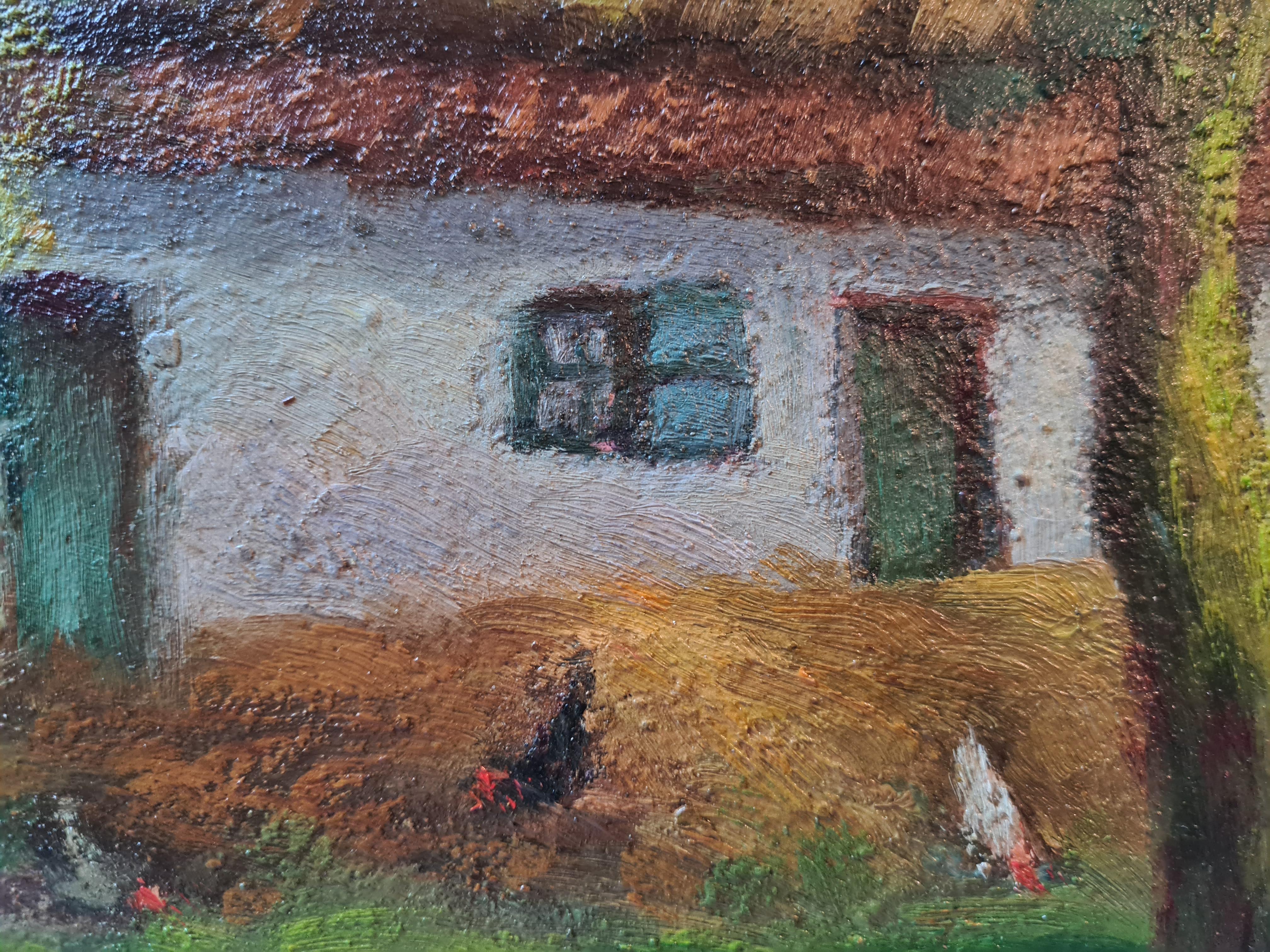 Paisaje impresionista de la Escuela de Barbizon, La cabaña de paja y las gallinas. en venta 3