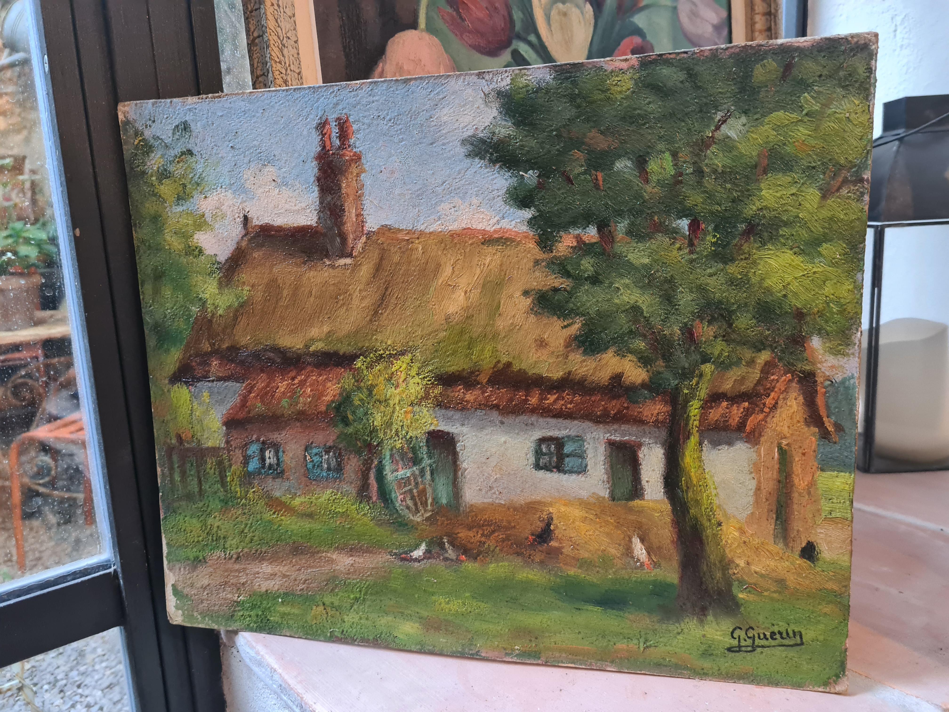 Paisaje impresionista de la Escuela de Barbizon, La cabaña de paja y las gallinas. en venta 4