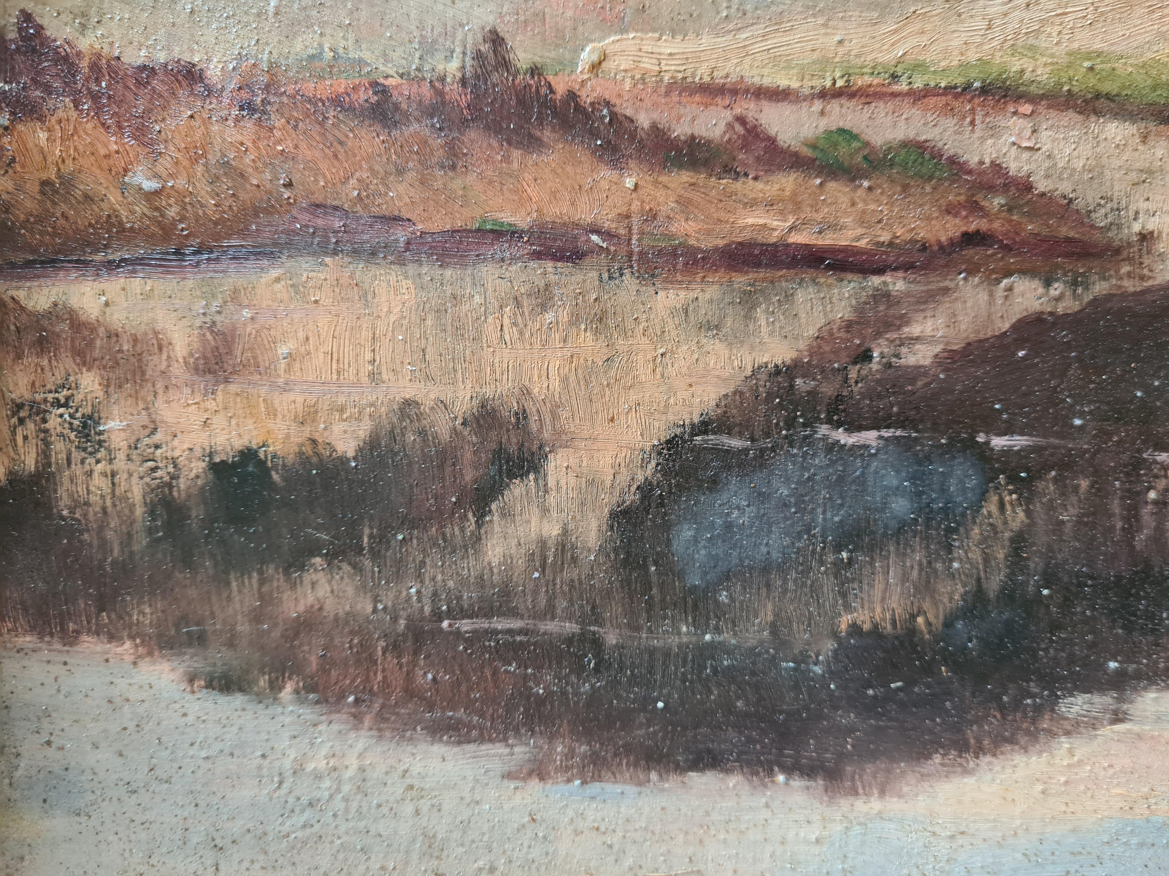 Olio su tavola della Scuola di Barbizon, impressionista francese del 1940, raffigurante le dune e le spiagge di Paris Plage, nel nord della Francia. Il quadro è intitolato, datato (23 maggio 1940) e firmato sul retro della tavola e reca il timbro