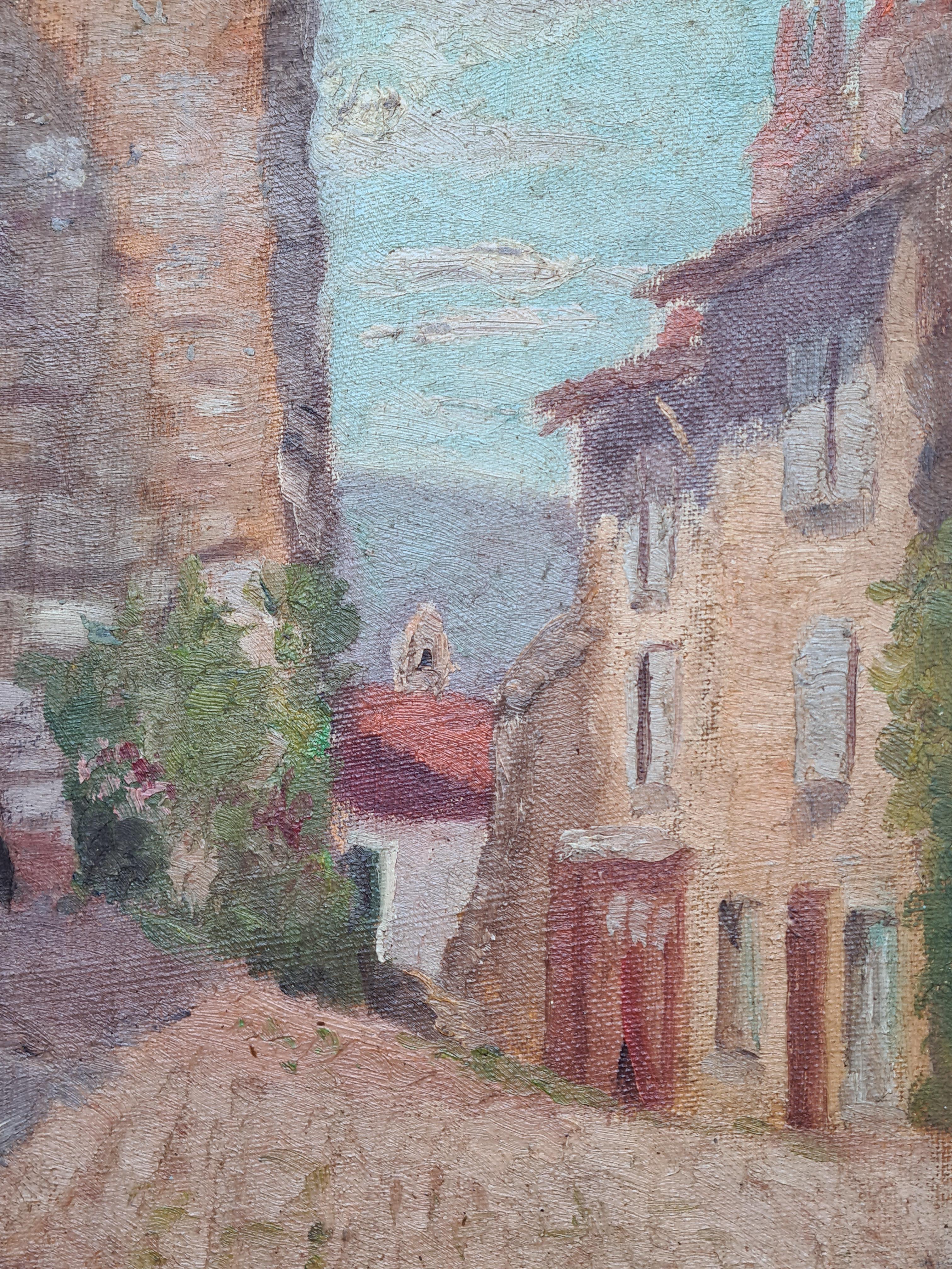 Óleo sobre tabla de la escuela impresionista de Barbizon, Cordes, La Porte du Vainqueur - Painting de Georges Guerin