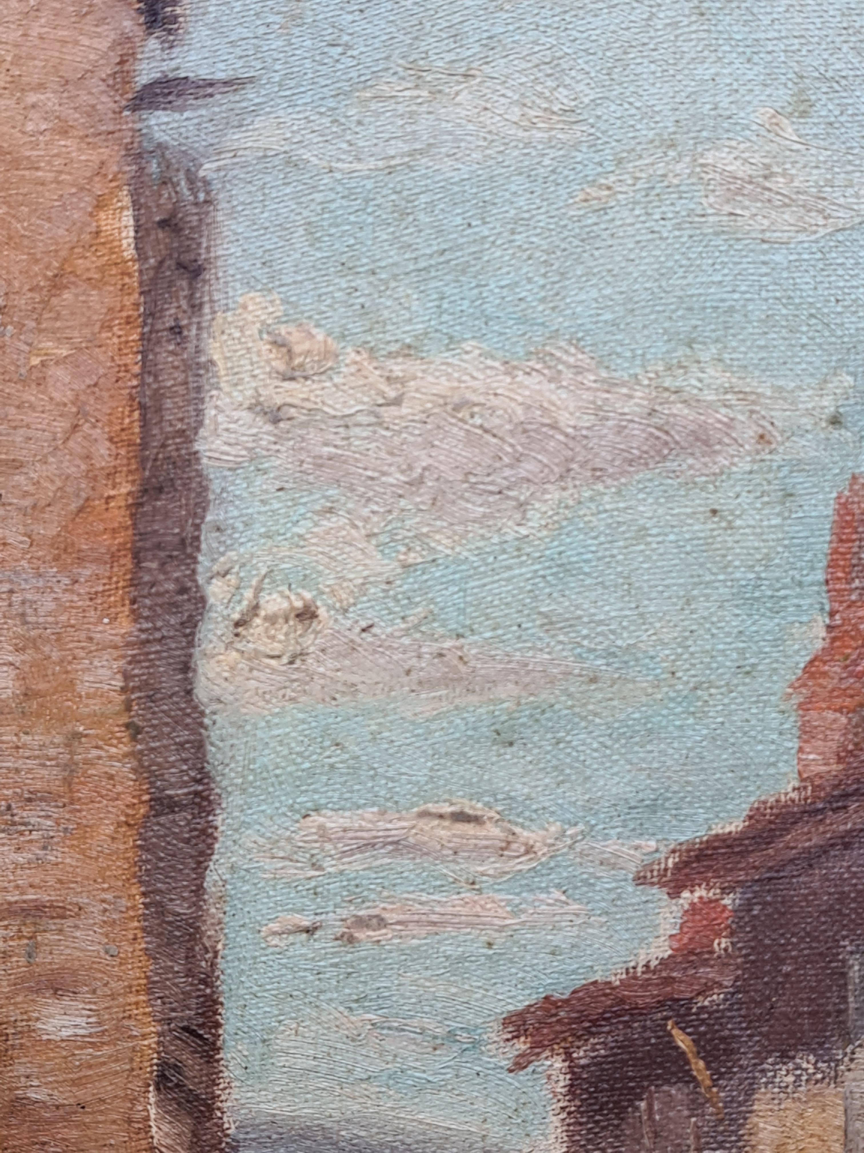 Óleo sobre tabla de la escuela impresionista de Barbizon, Cordes, La Porte du Vainqueur - Landscape Painting Gris de Georges Guerin