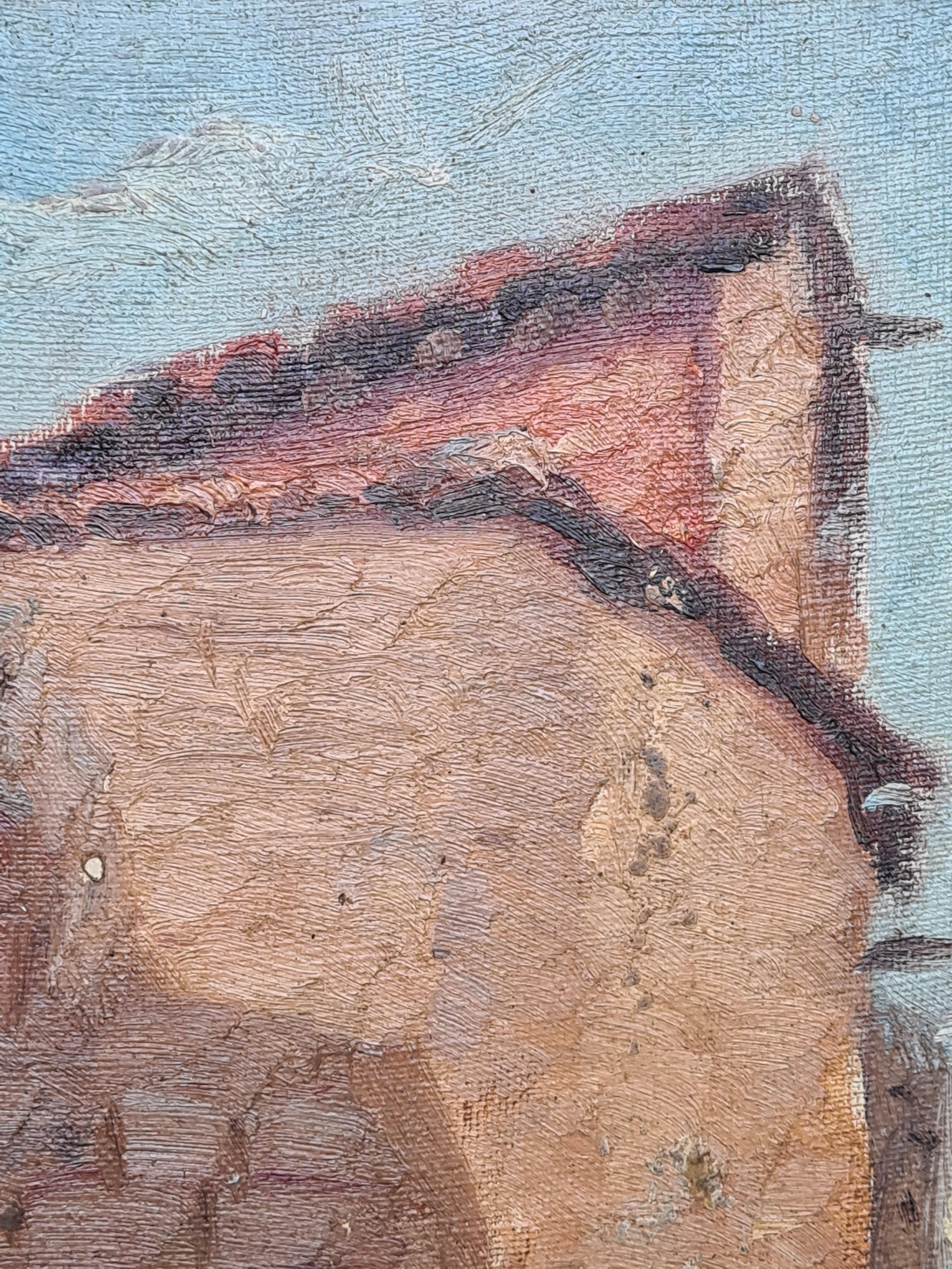 Óleo sobre tabla de la Escuela de Barbizon impresionista francesa de los años 30, vista de Cordes, sur de Francia, de Georges Guerin (1910-1984). El cuadro está titulado, fechado y firmado en el reverso de la tabla.

Una escena encantadora de la