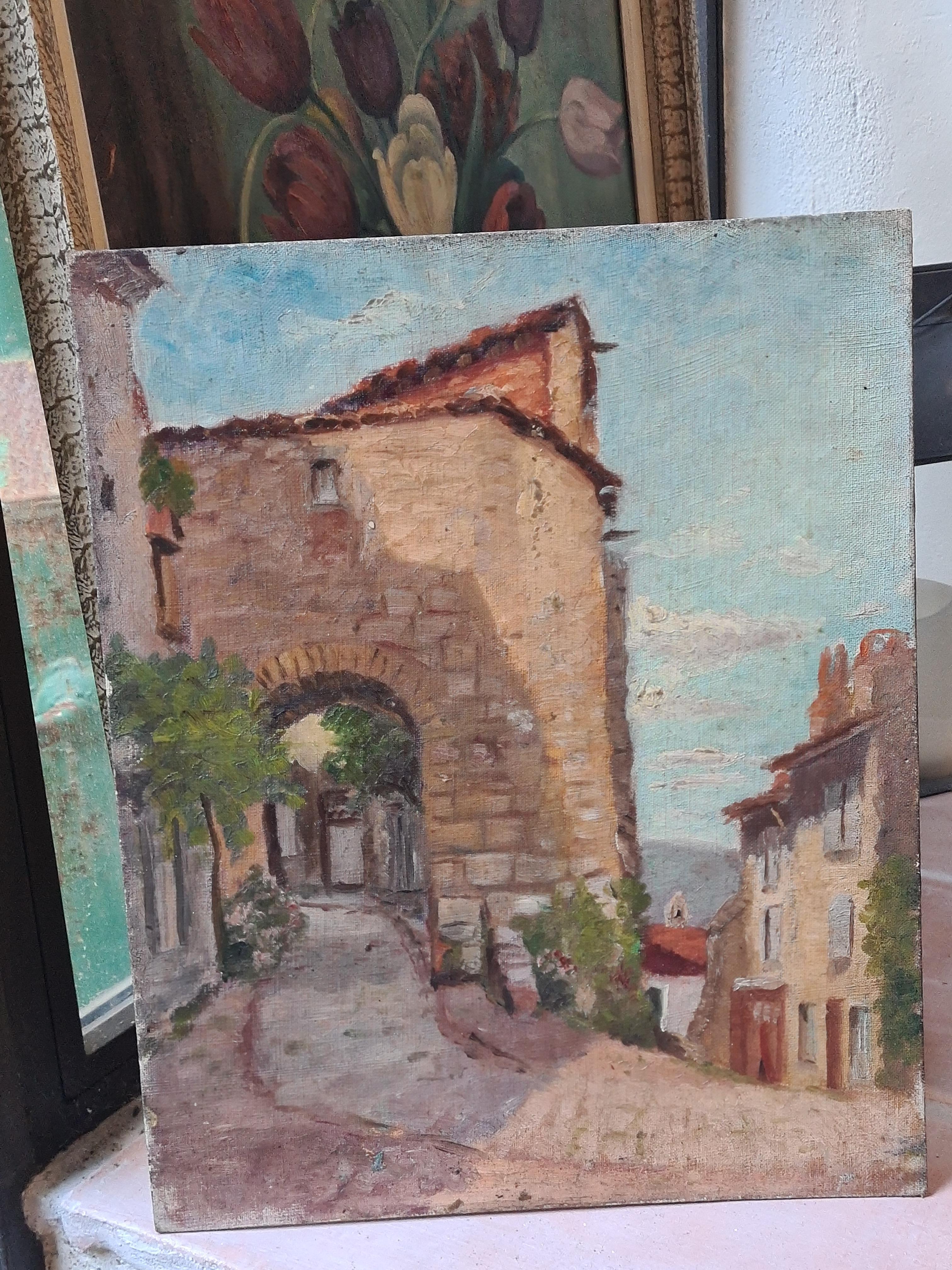 Óleo sobre tabla de la escuela impresionista de Barbizon, Cordes, La Porte du Vainqueur 2