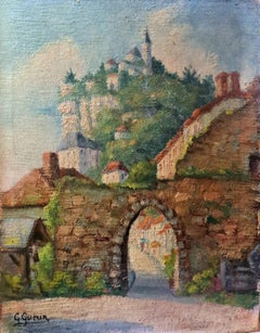 Huile sur panneau impressionniste de l'école de Barbizon, Cordes, Village in the Sky,