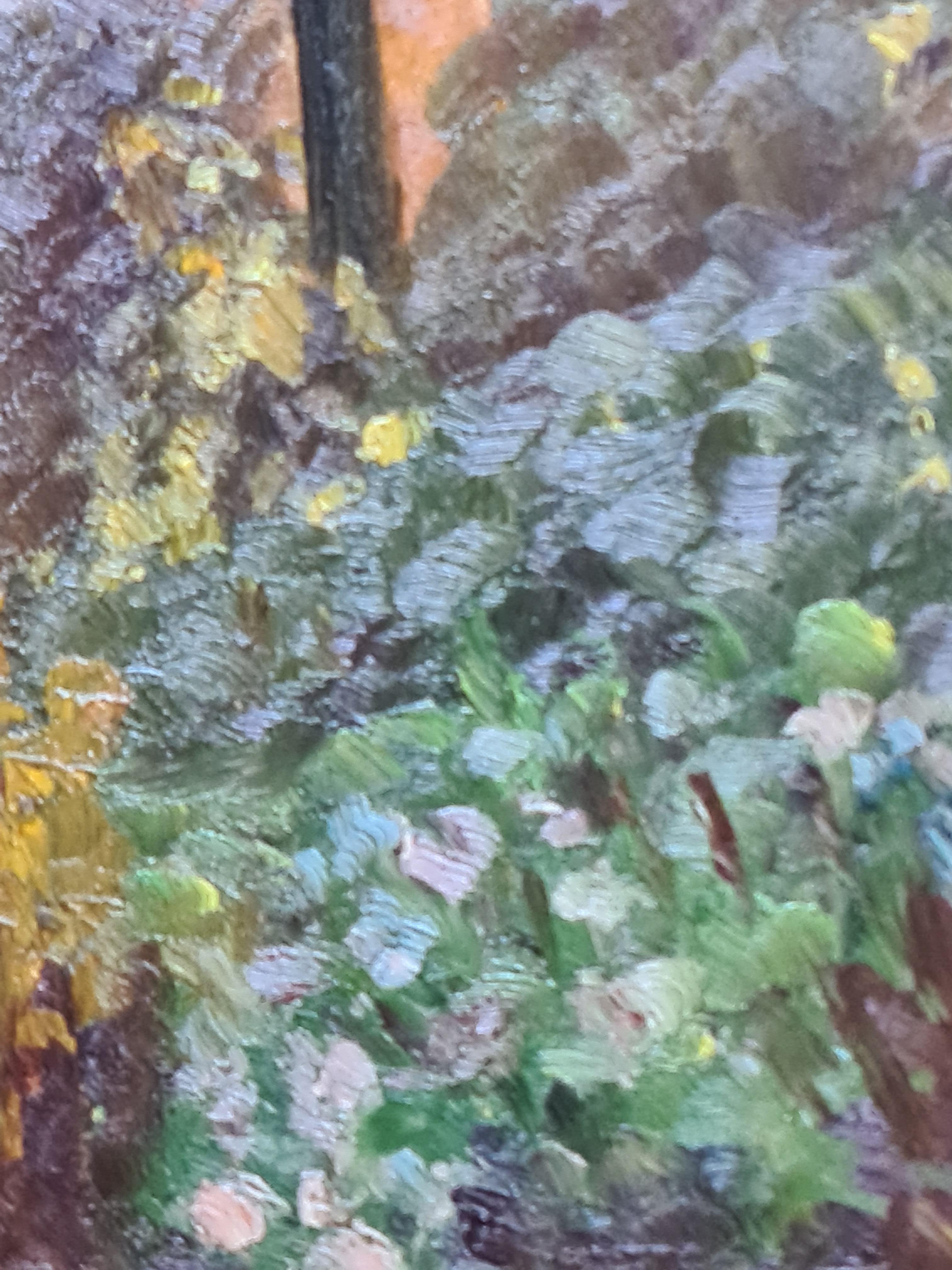 Huile sur panneau de l'école de Barbizon, impressionniste française des années 1930, représentant un paysage boisé aux couleurs automnales, par Georges Guerin (1910-1984). La peinture est signée en haut à droite au dos du tableau avec le lieu et la