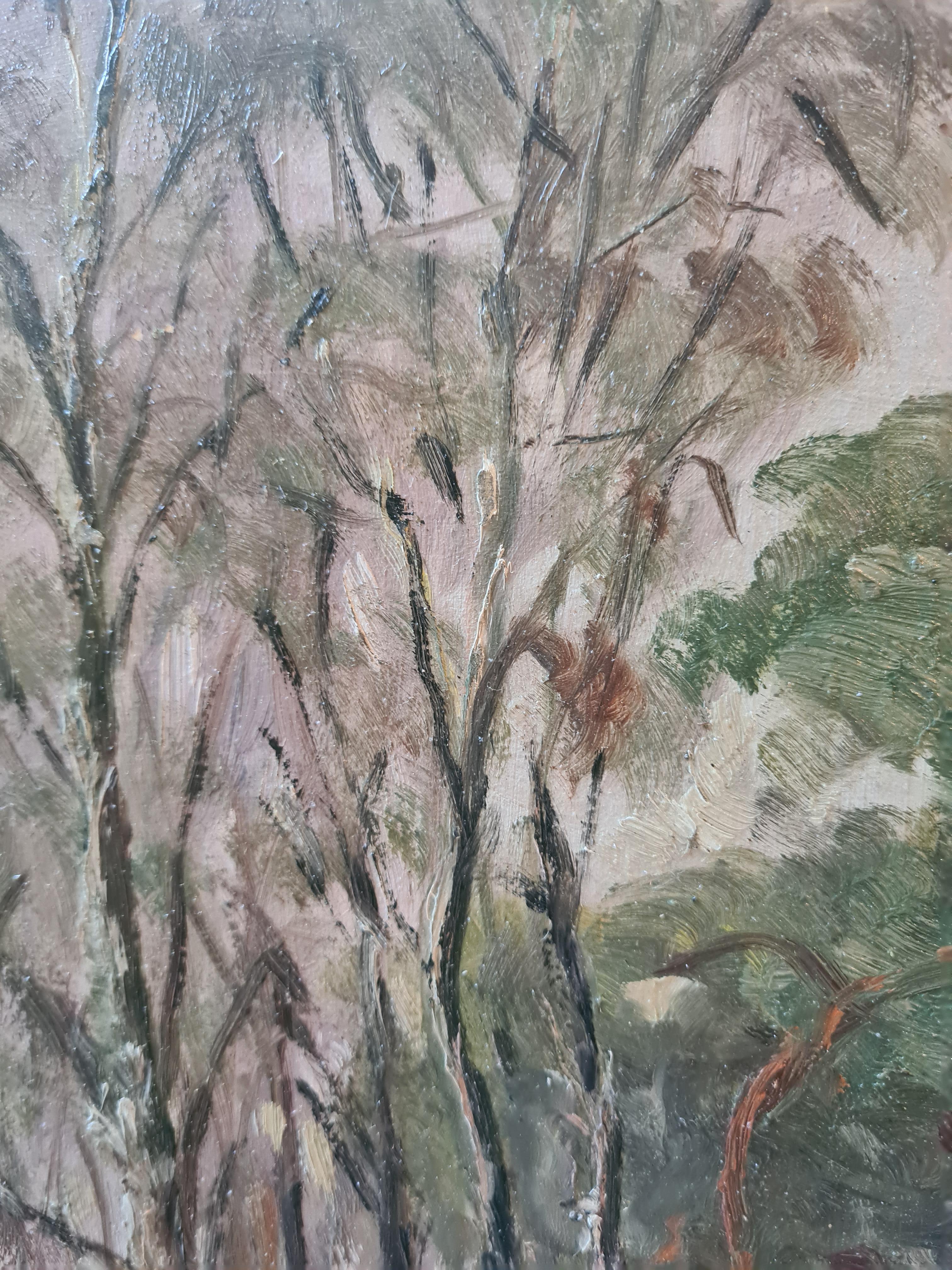 1930s French Impressionist Barbizon School oil on panel view of a wooded landscape with a cabanon or cottage by Georges Guerin (1910-1984). The painting is signed bottom right and top left to the back of the board with location, Mont-de-l'Enclus and
