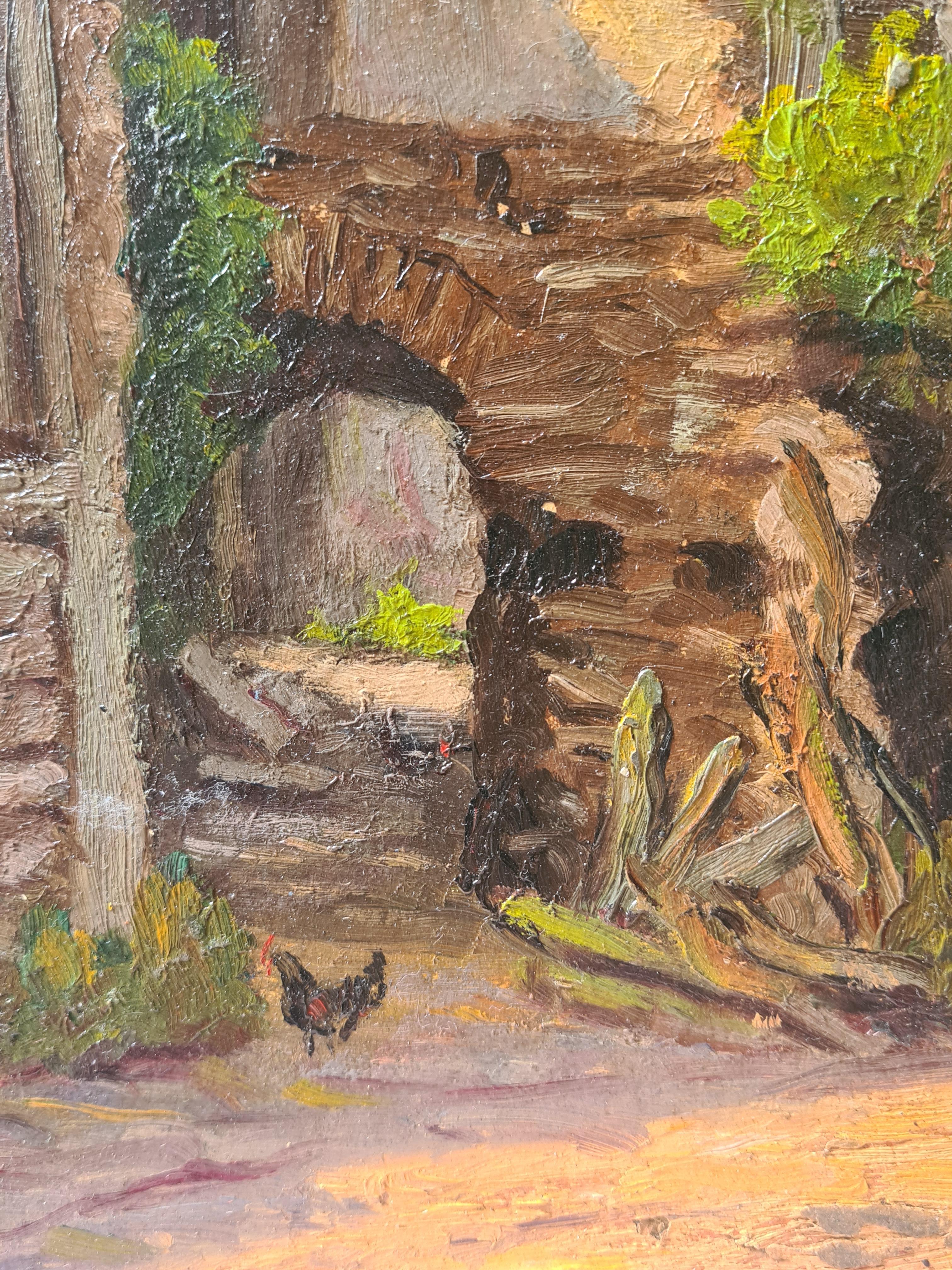 Paysage impressionniste français de l'école de Barbizon, Le poulet de ferme - Impressionnisme Painting par Georges Guerin