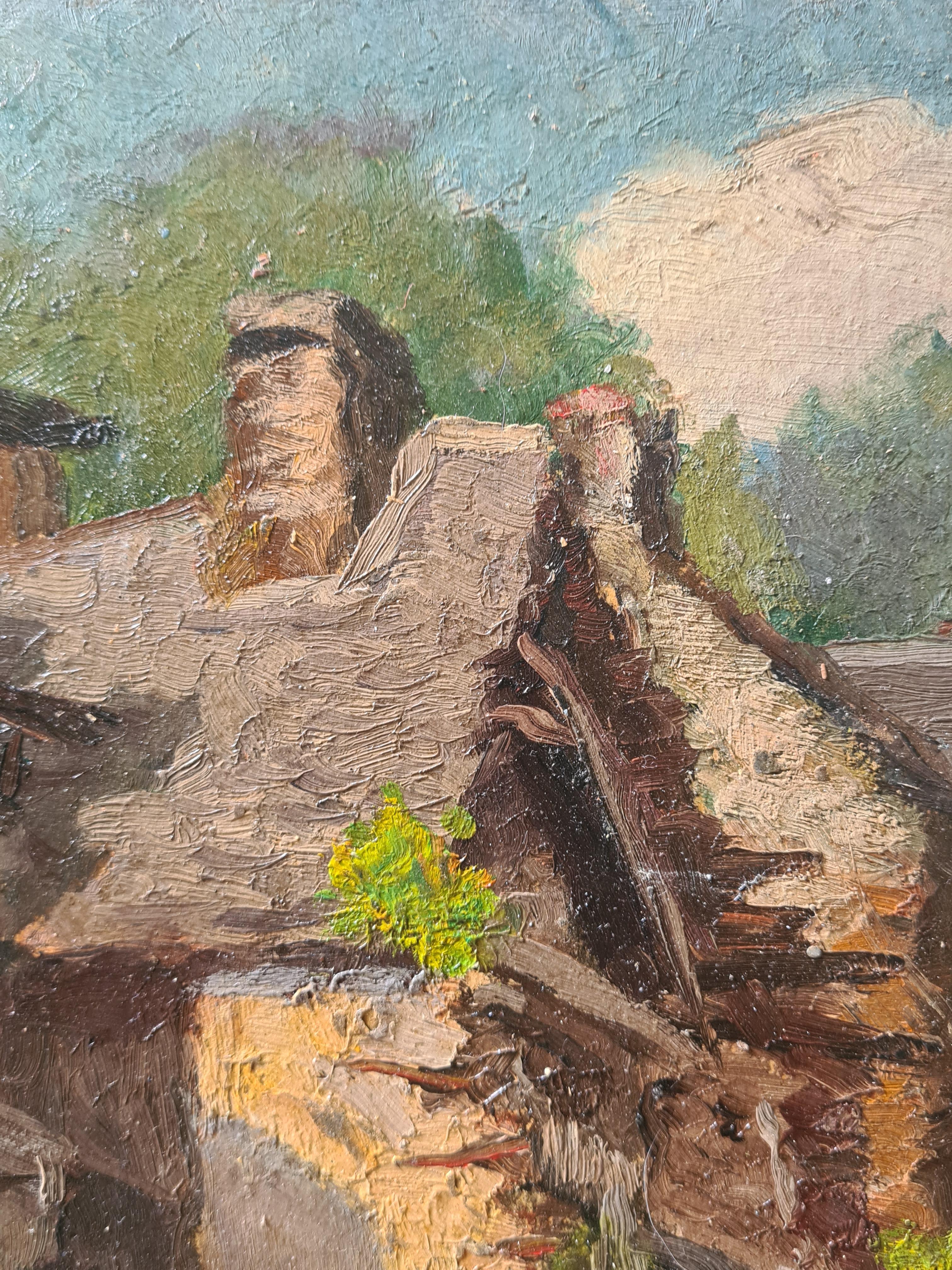 Huile sur panneau de l'école impressionniste française de Barbizon des années 1930, vue d'une ferme française par Georges Guerin (1910-1984). Le tableau est signé en bas à gauche et également signé en haut à droite au dos du tableau avec diverses