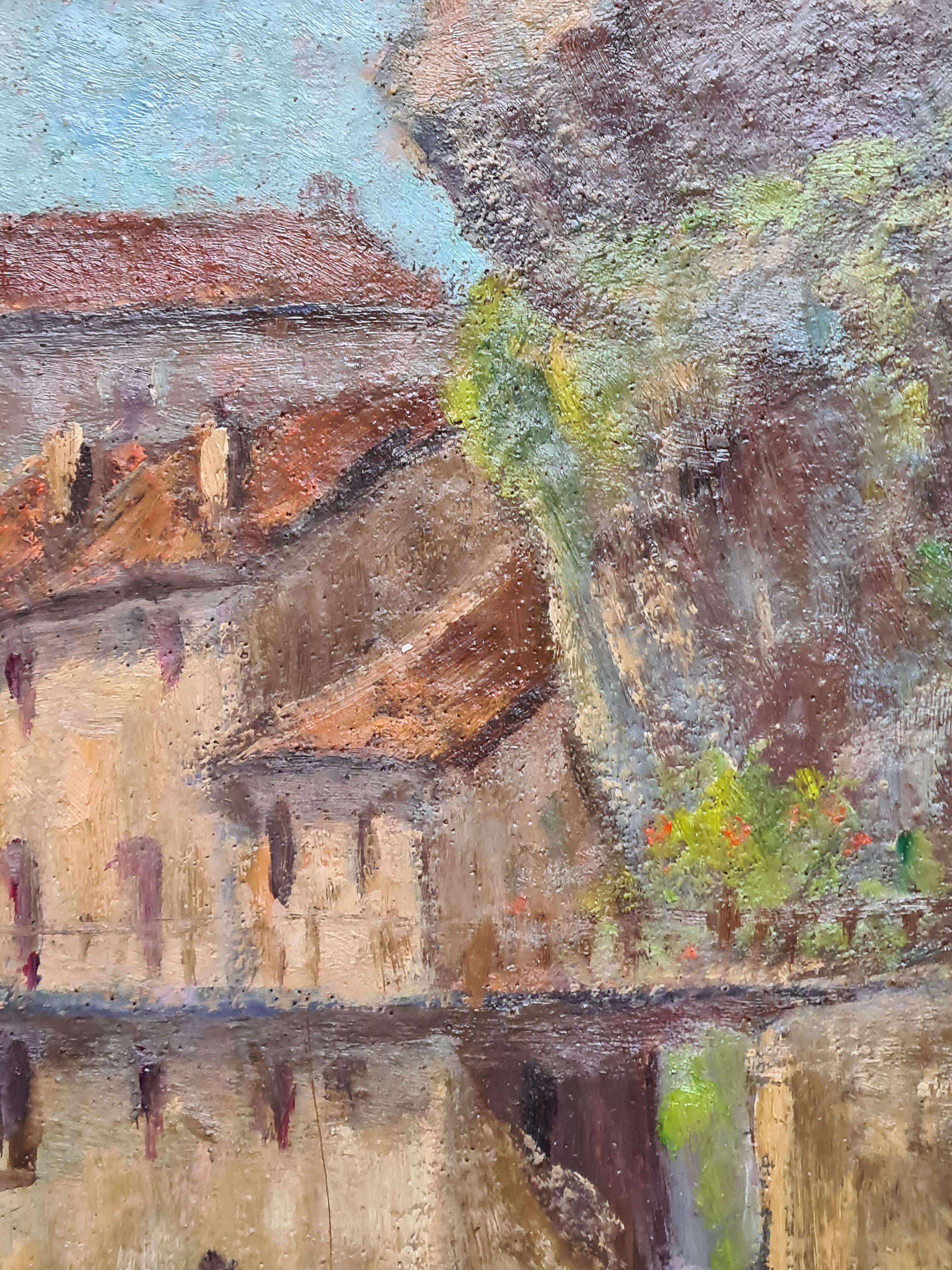 Huile sur panneau de l'école de Barbizon, impressionniste française des années 1930, représentant une gorge fluviale, par Georges Guerin (1910-1984). Le tableau est signé en bas à droite et également signé en haut à droite au dos du tableau. 

Une