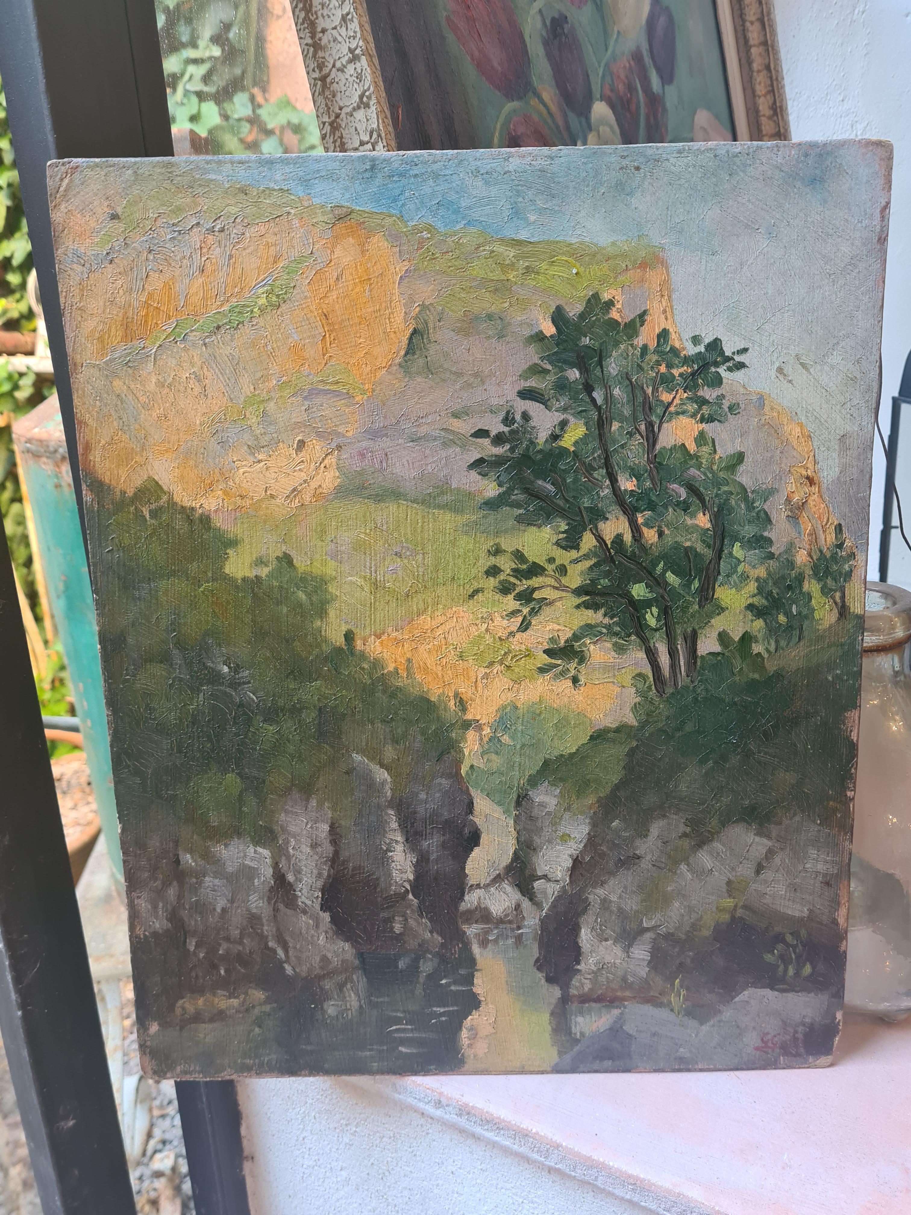Paisaje impresionista al óleo sobre tabla de la Escuela de Barbizon, Las 