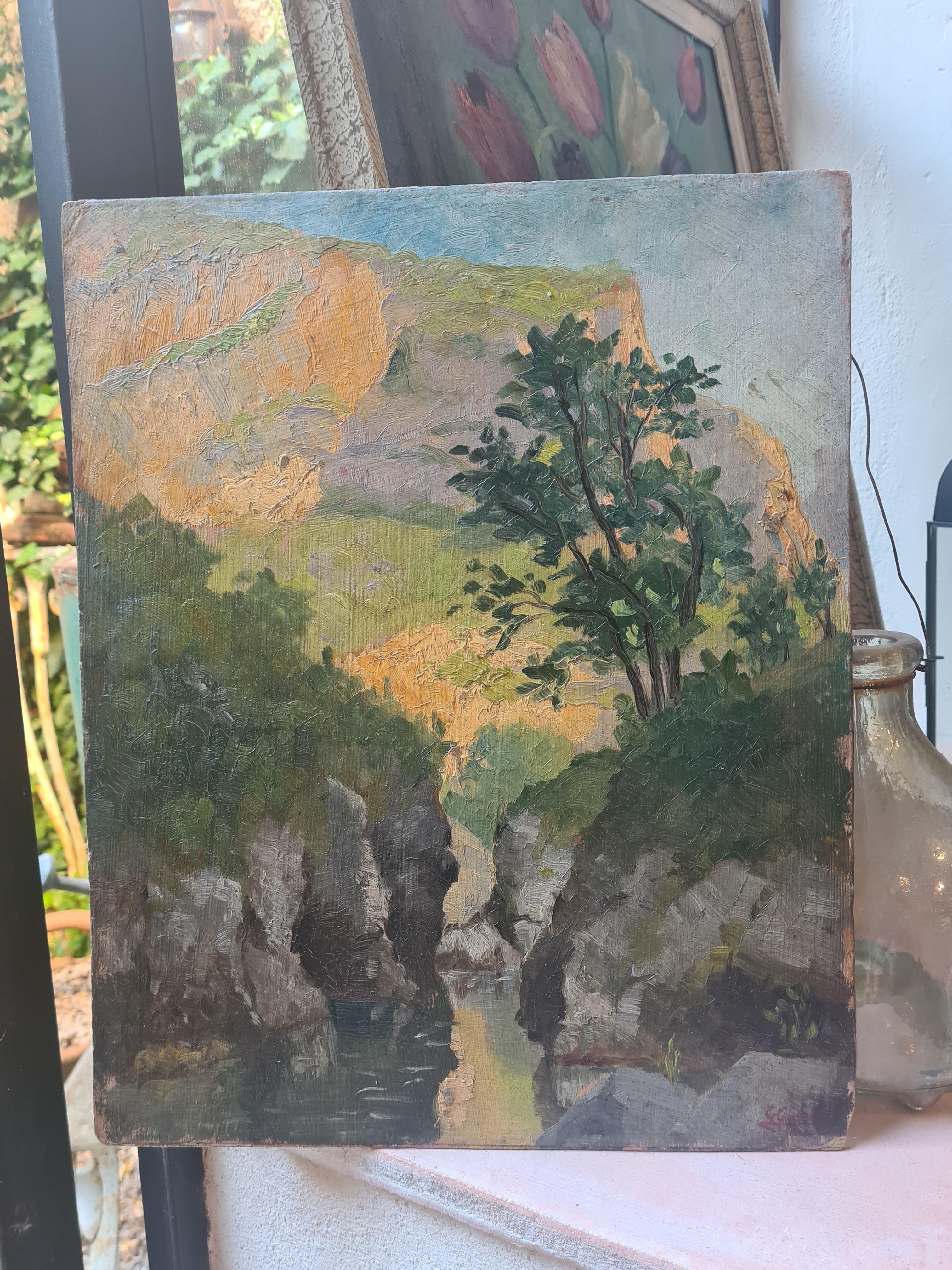 Paisaje impresionista al óleo sobre tabla de la Escuela de Barbizon, Las 