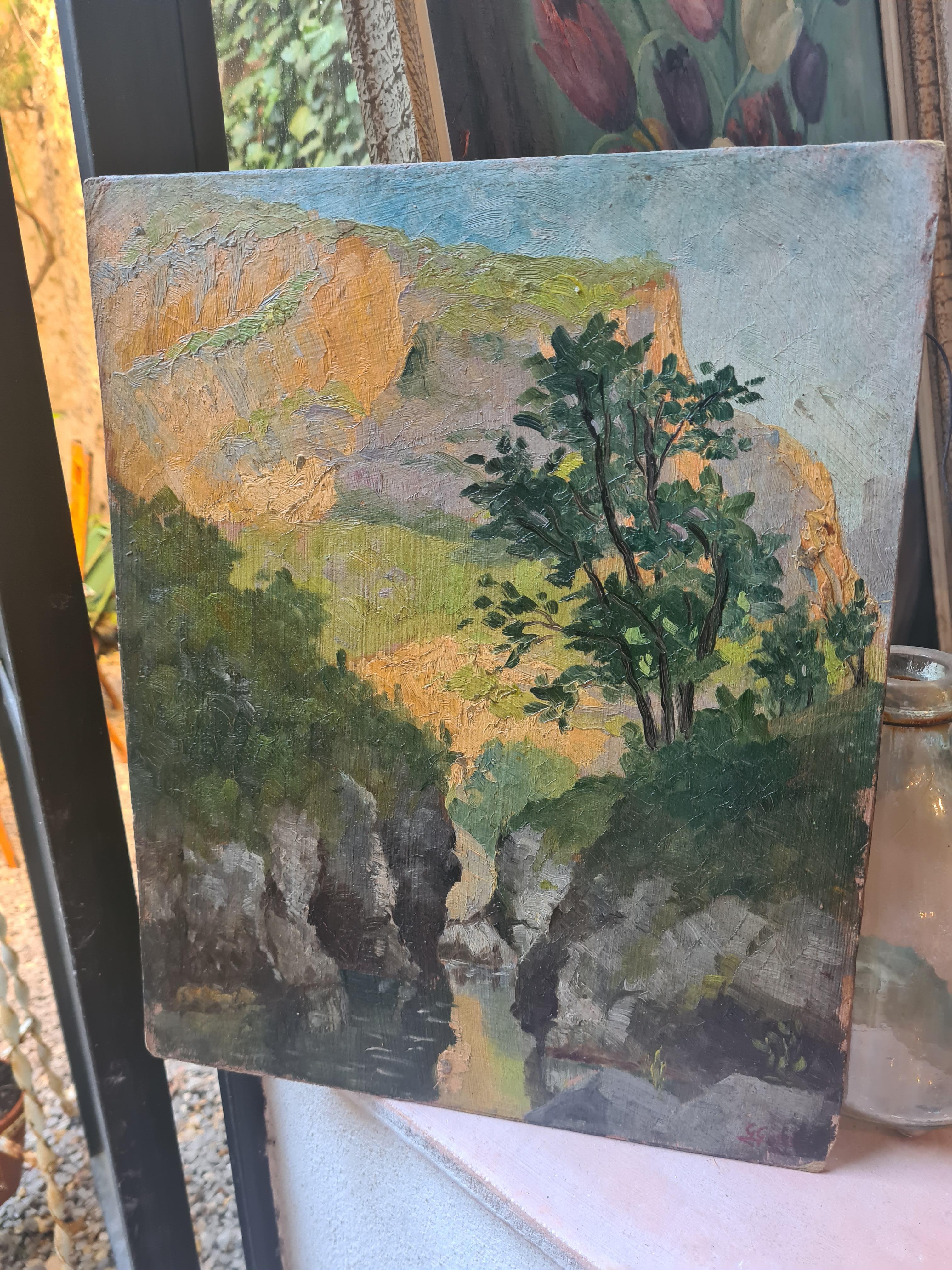 Paisaje impresionista al óleo sobre tabla de la Escuela de Barbizon, Las 