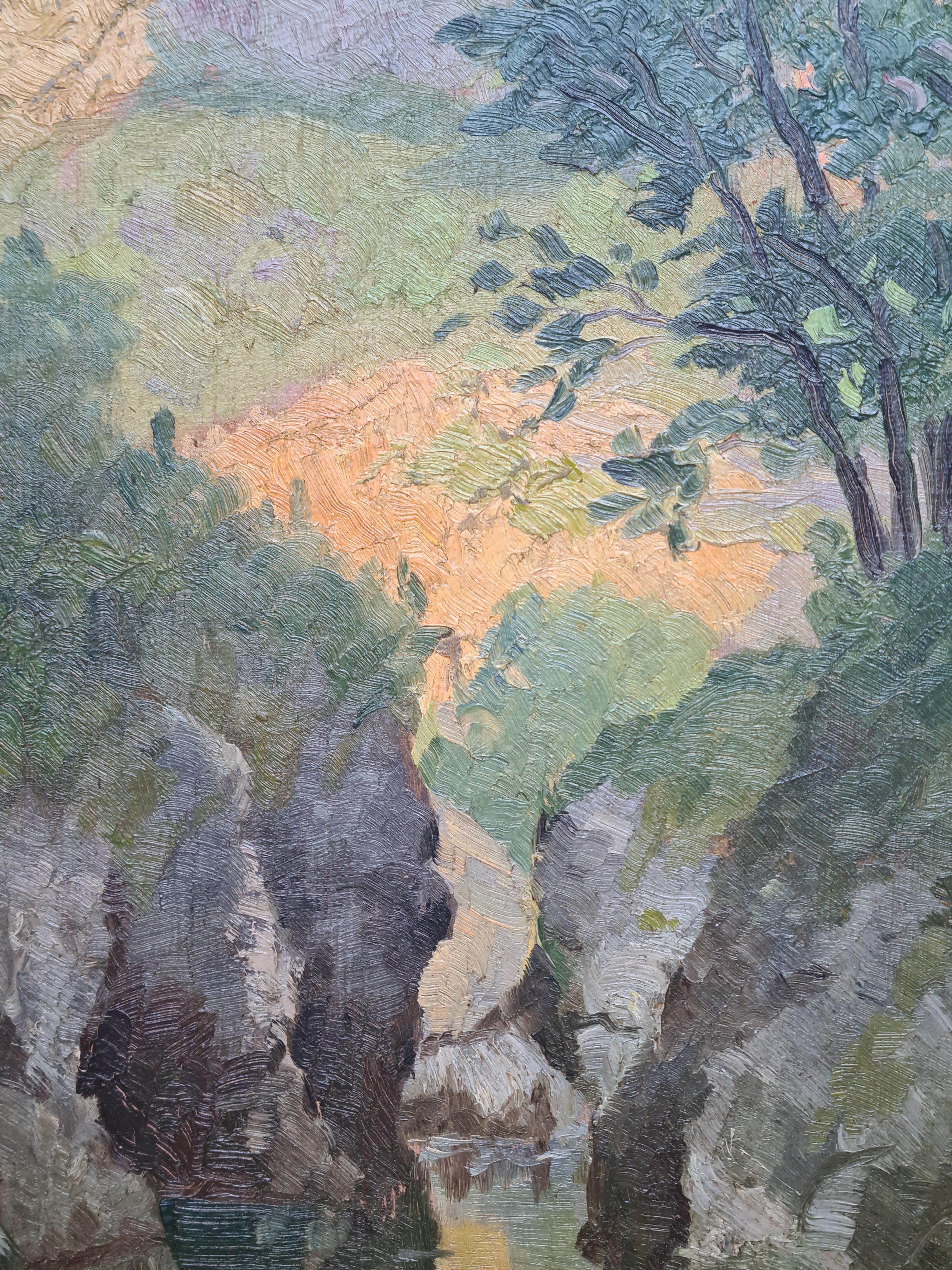 Paisaje impresionista al óleo sobre tabla de la Escuela de Barbizon, Las 