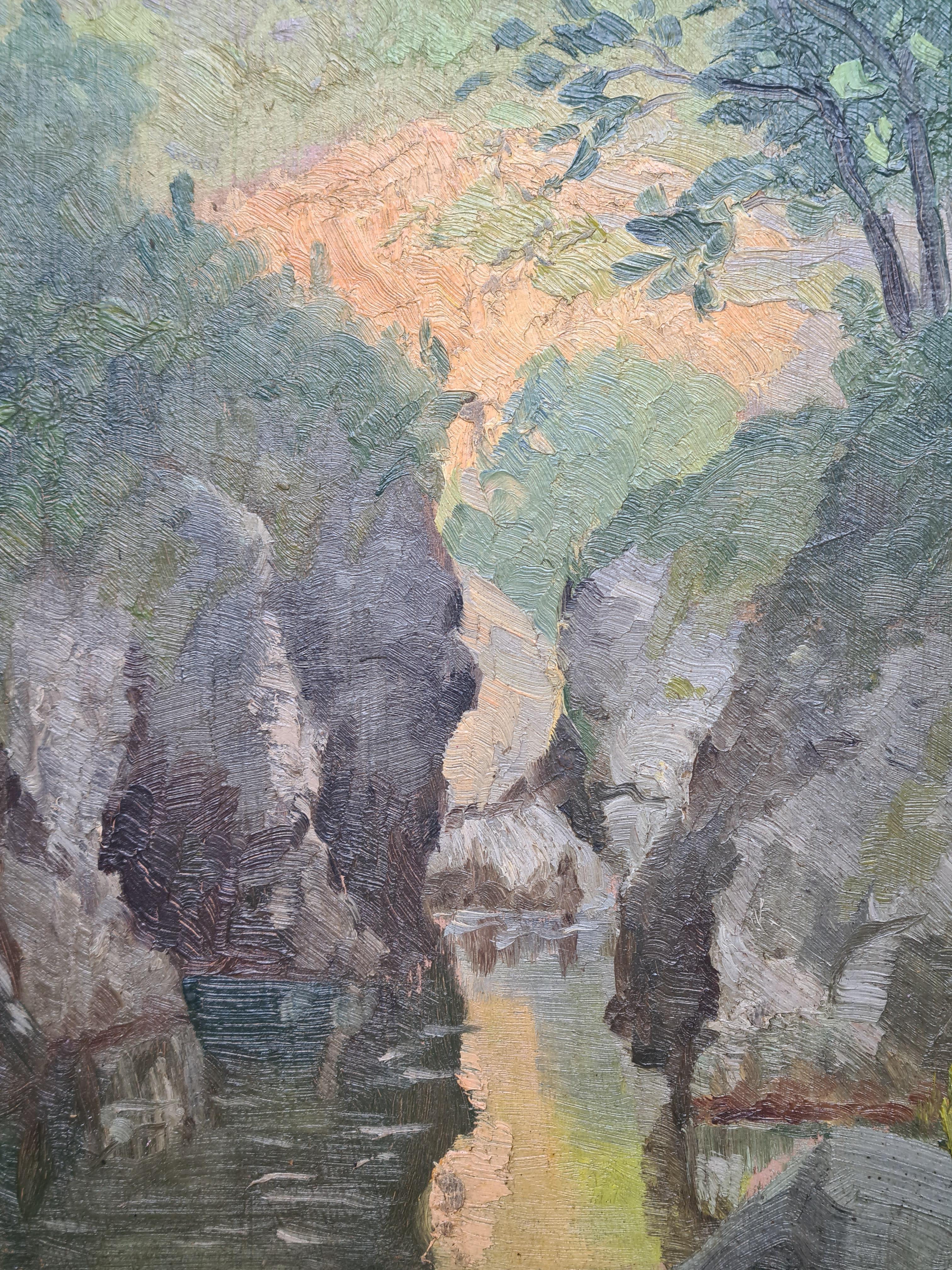 Paisaje impresionista al óleo sobre tabla de la Escuela de Barbizon, Las 
