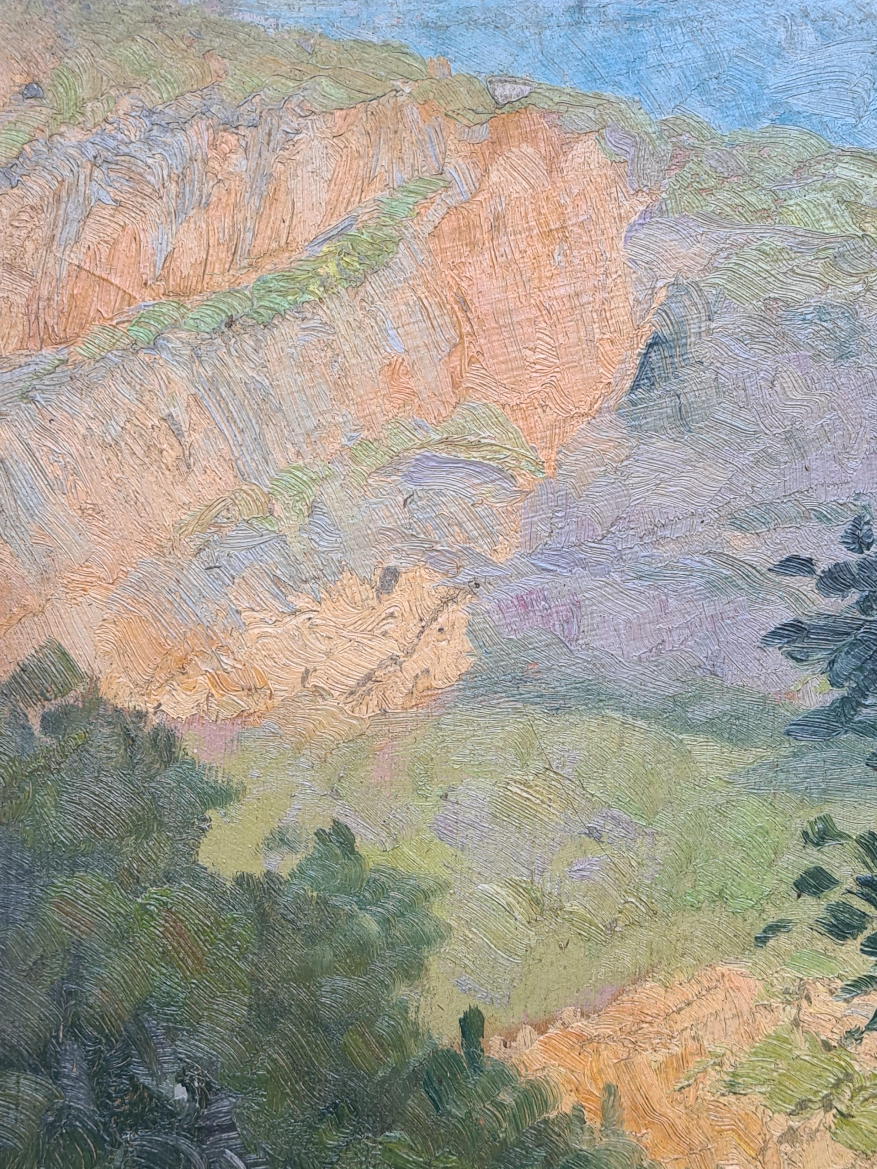 Óleo sobre tabla de la Escuela de Barbizon impresionista francesa de los años 30, vista de la garganta de un río, de Georges Guerin (1910-1984). El cuadro está firmado abajo a la derecha y también está firmado arriba a la izquierda en la parte
