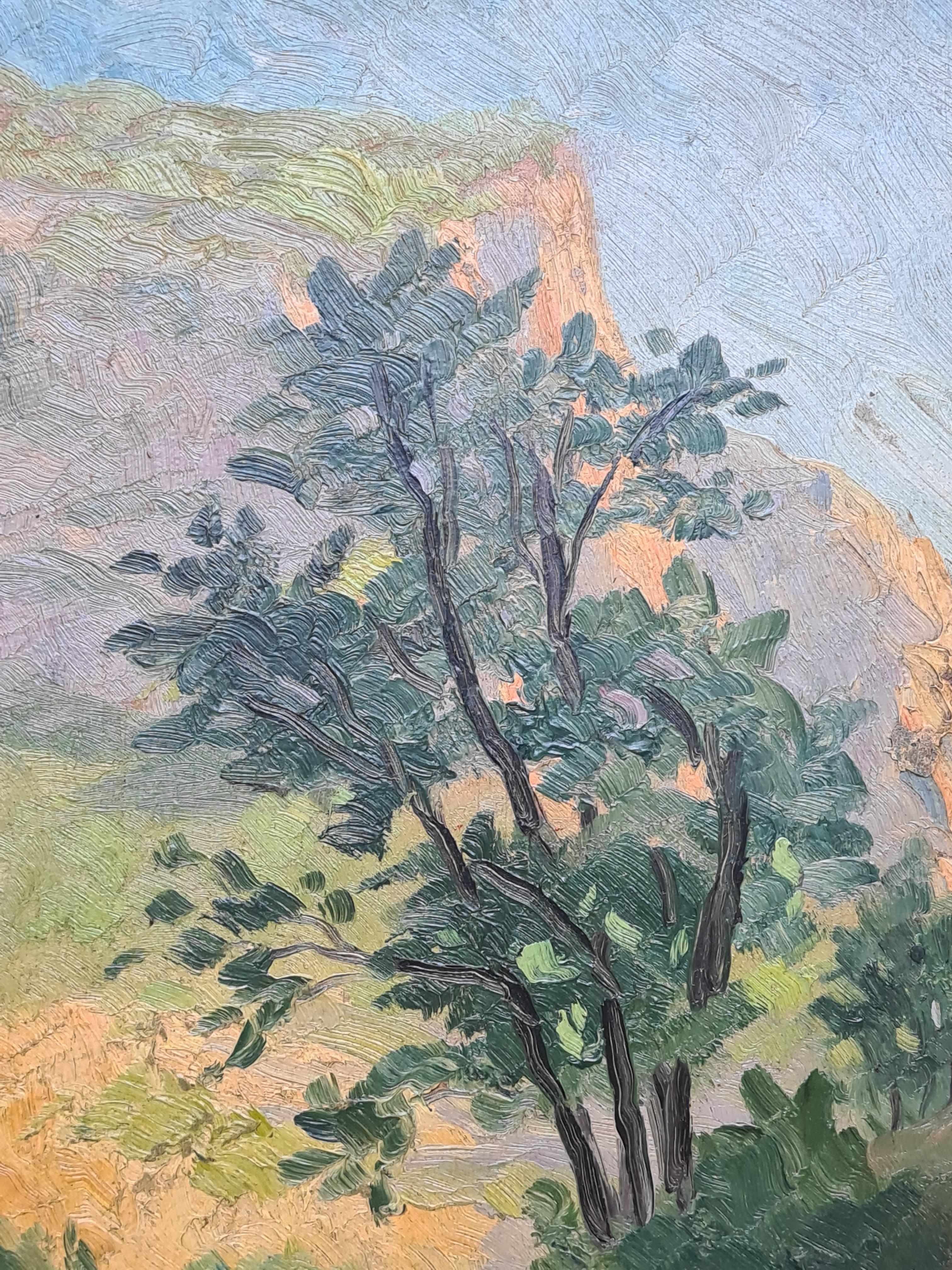 Paisaje impresionista al óleo sobre tabla de la Escuela de Barbizon, Las 