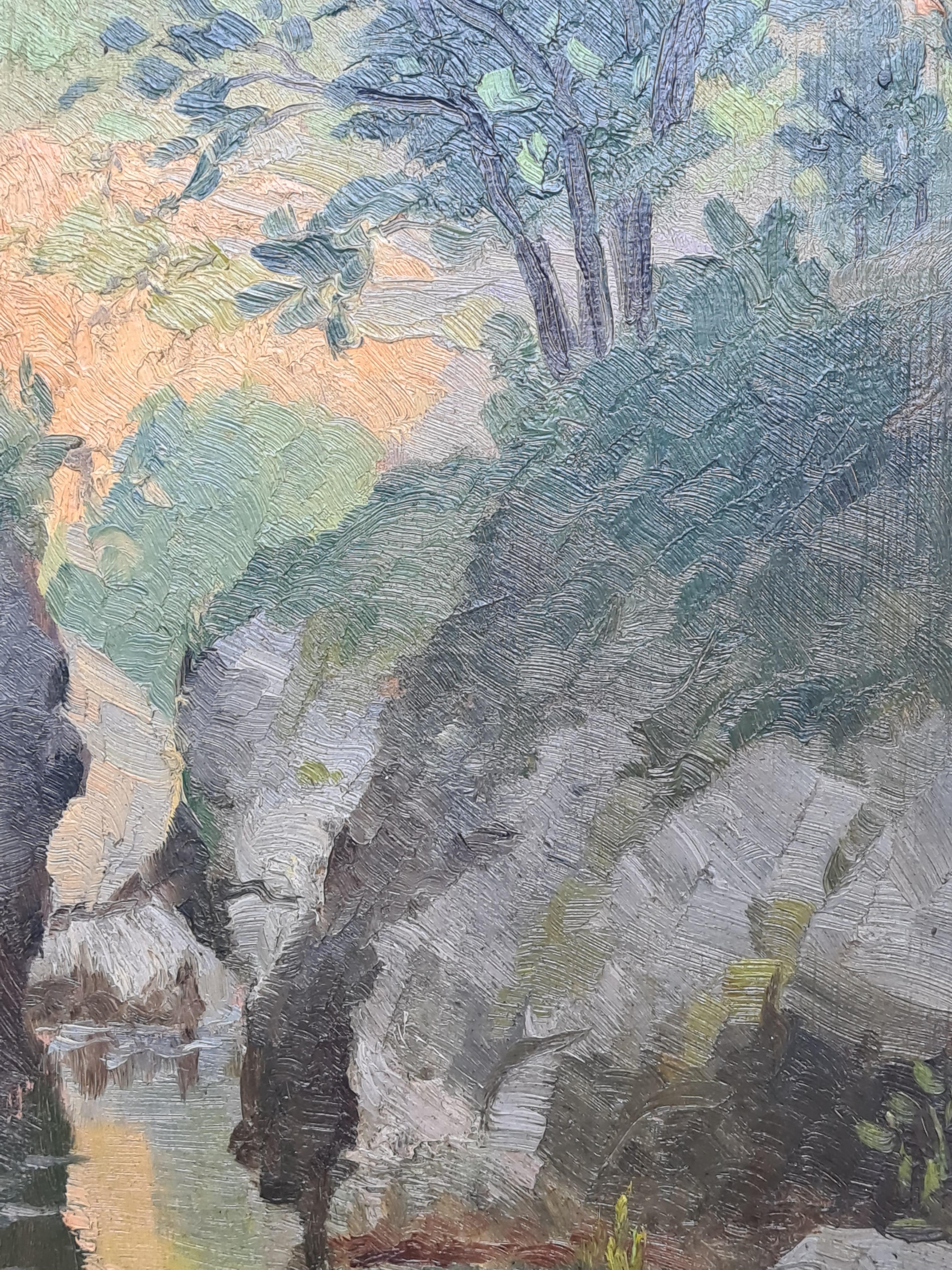 Paisaje impresionista al óleo sobre tabla de la Escuela de Barbizon, Las 