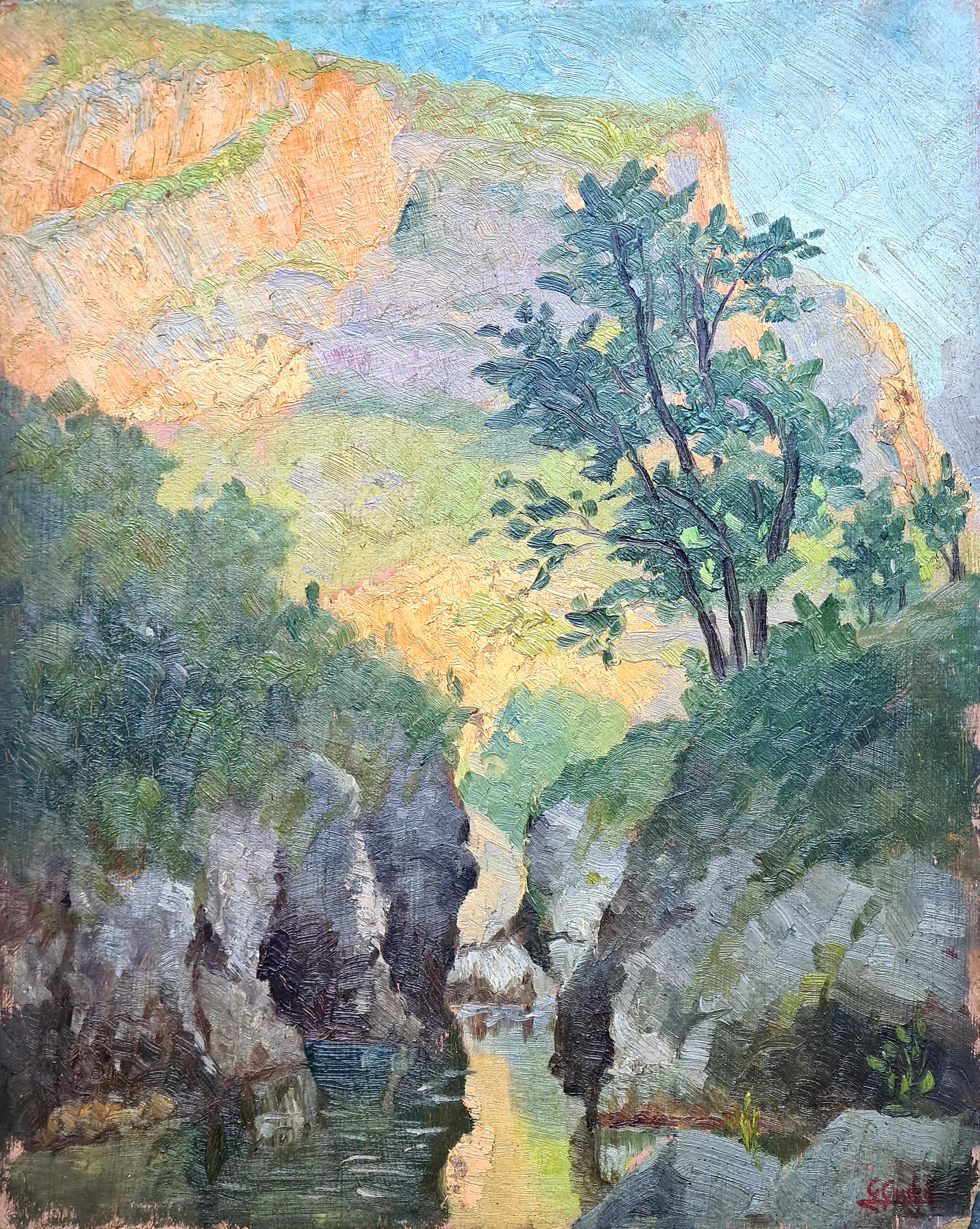 Landscape Painting de Georges Guerin - Paisaje impresionista al óleo sobre tabla de la Escuela de Barbizon, Las "Gargantas de la Bourne