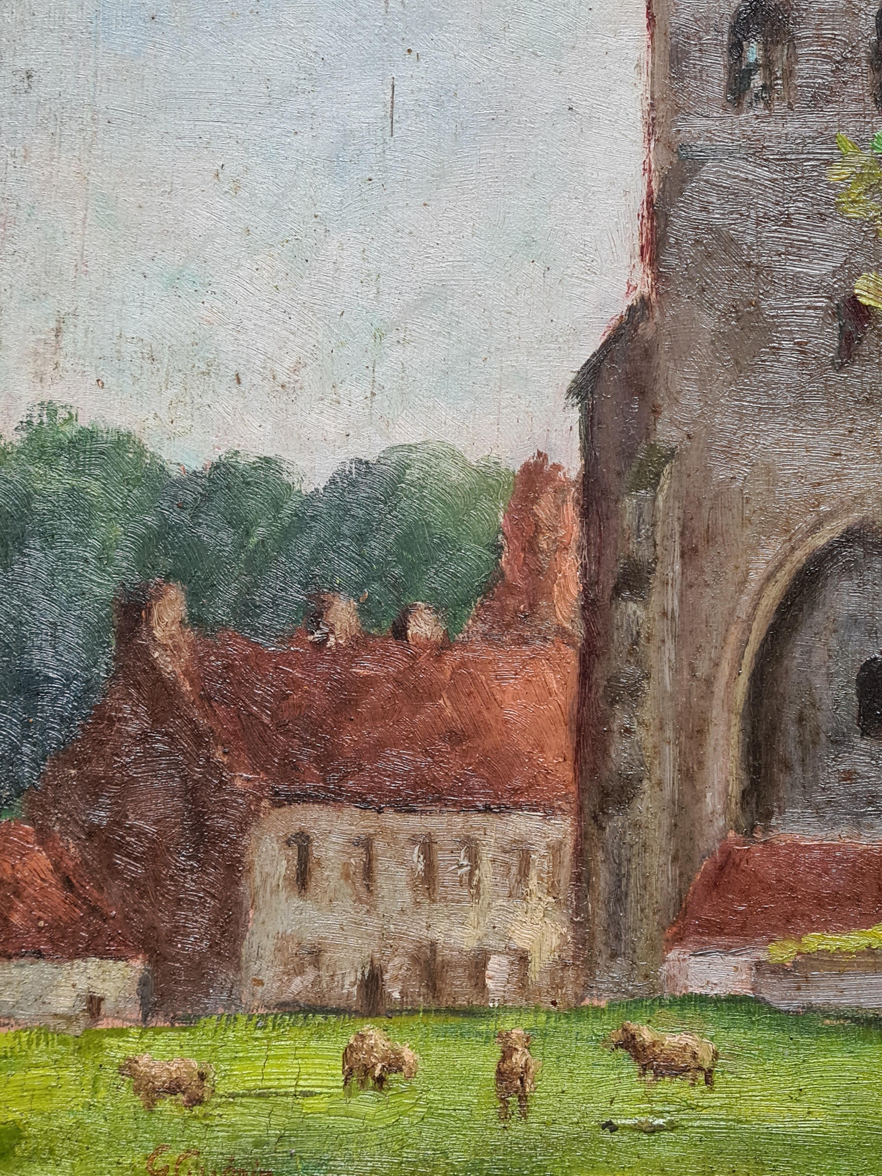 French Impressionist Barbizon School Landscape, Where Sheep Safely Graze - Beige Animal Painting by Georges Guerin