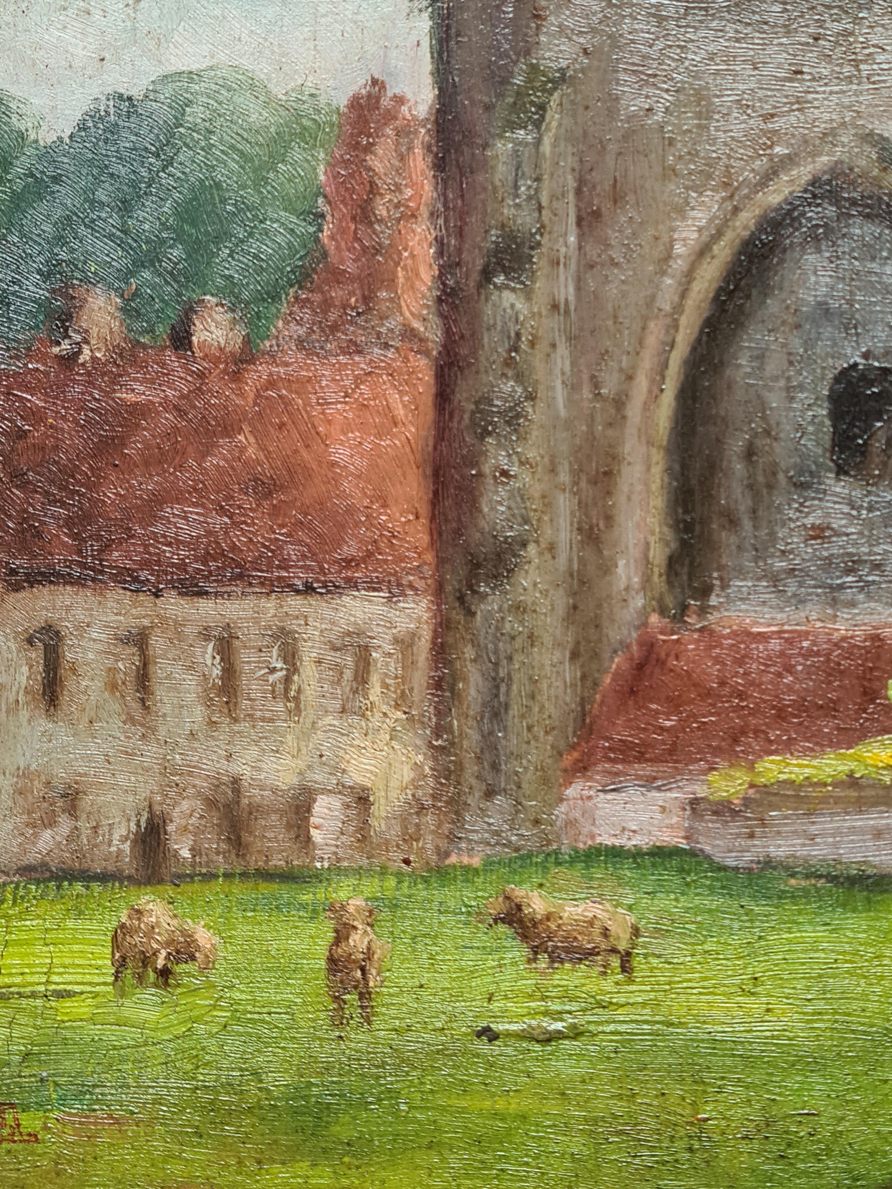 1930s French Impressionist Barbizon School oil on panel view of a church in a bucolic landscape by Georges Guerin (1910-1984). The painting is signed bottom right and also signed top right to the back of the board with location and date, 10th June
