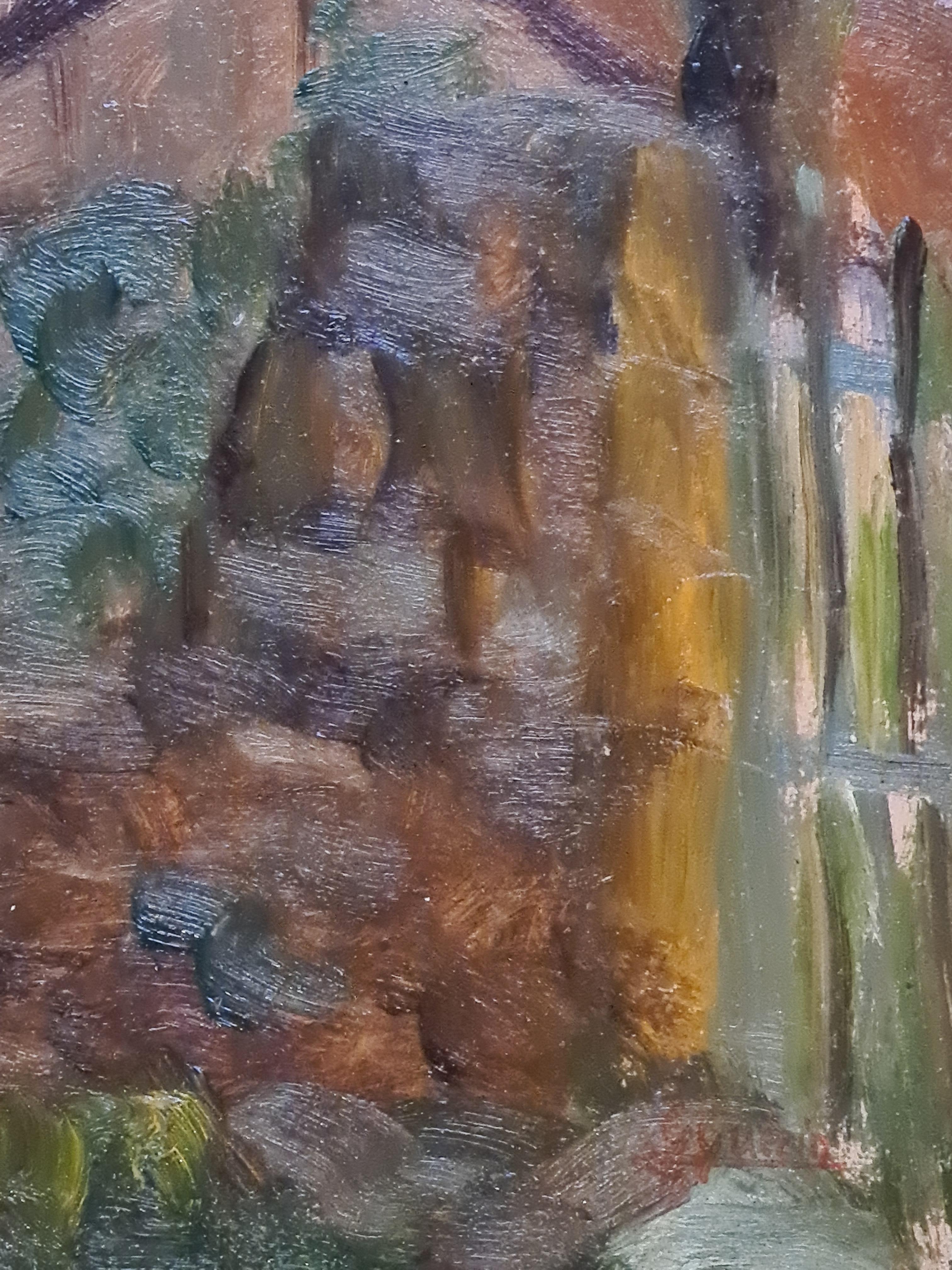 Französischer Impressionismus der Barbizon-Schule aus den 1930er Jahren, Öl auf Tafel, Ansicht von Kirchtürmen und Palmen von Georges Guerin (1910-1984). Signiert unten rechts. 

Die Komposition wird von zwei hoch aufragenden Kirchtürmen dominiert,
