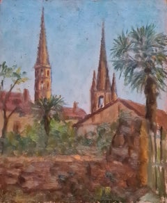 French Impressionist Barbizon School Oil on Board, Palm Tree and Spires