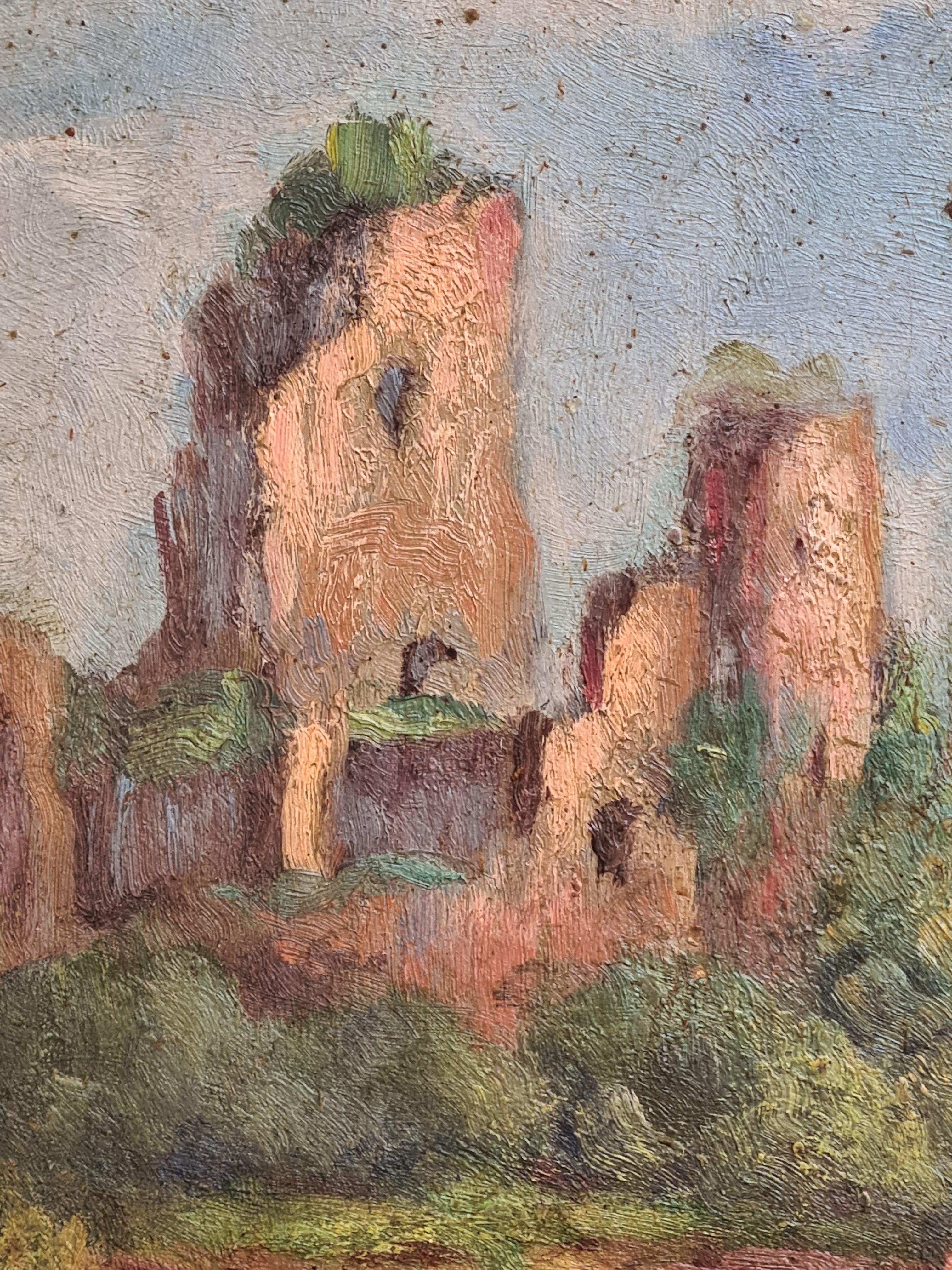 1930s French Impressionist Barbizon School oil on panel view of a ruined castleon a hill by Georges Guerin (1910-1984). Signed to the bottom right. The painting is double sided and to the reverse is a view of a gate leading to a courtyard (see