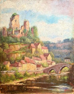 French Impressionist Barbizon School Oil on Board, The Castle Ruins
