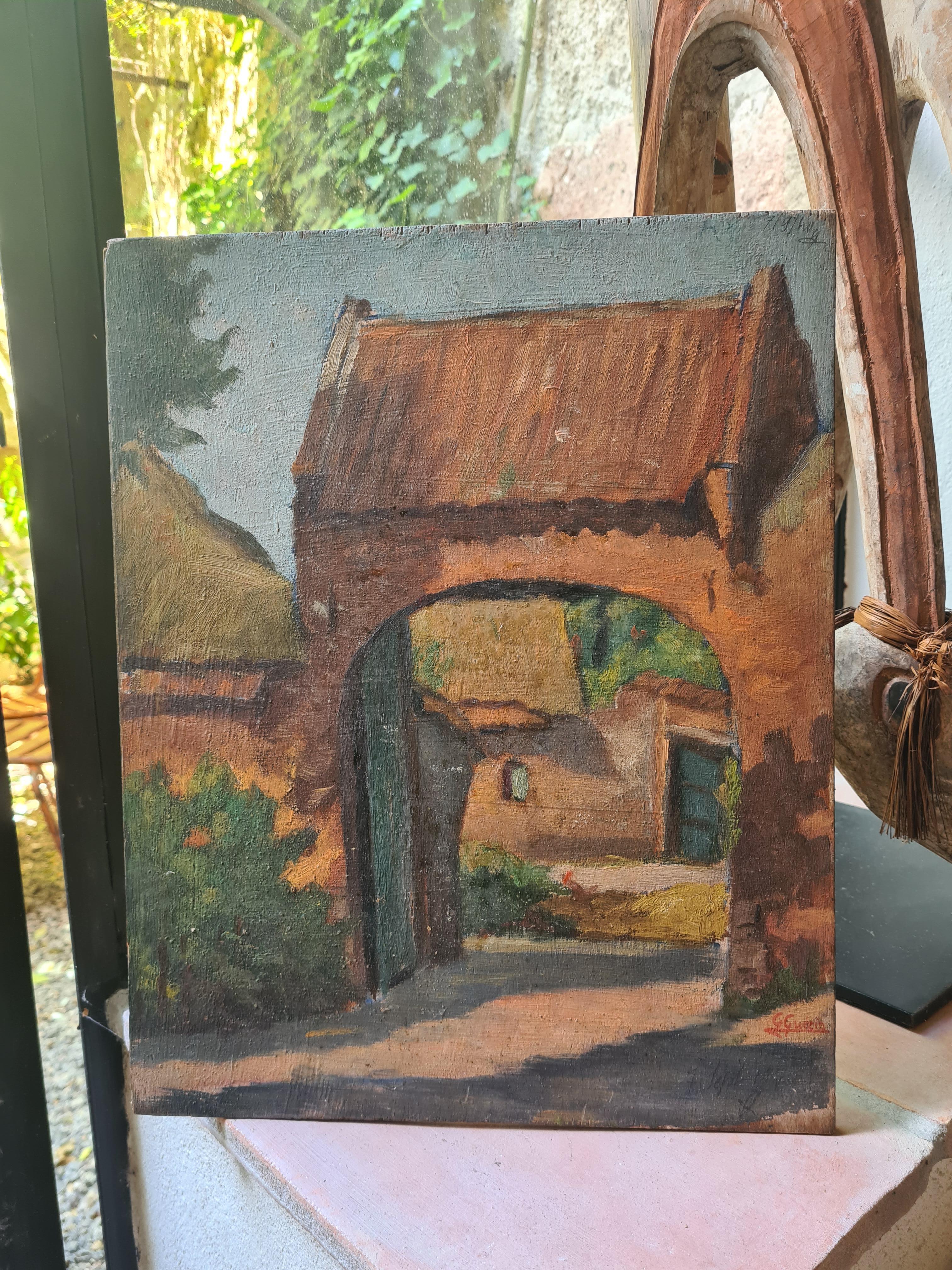 French Impressionist Barbizon School Oil on Board, The Gateway to the Farm - Painting by Georges Guerin
