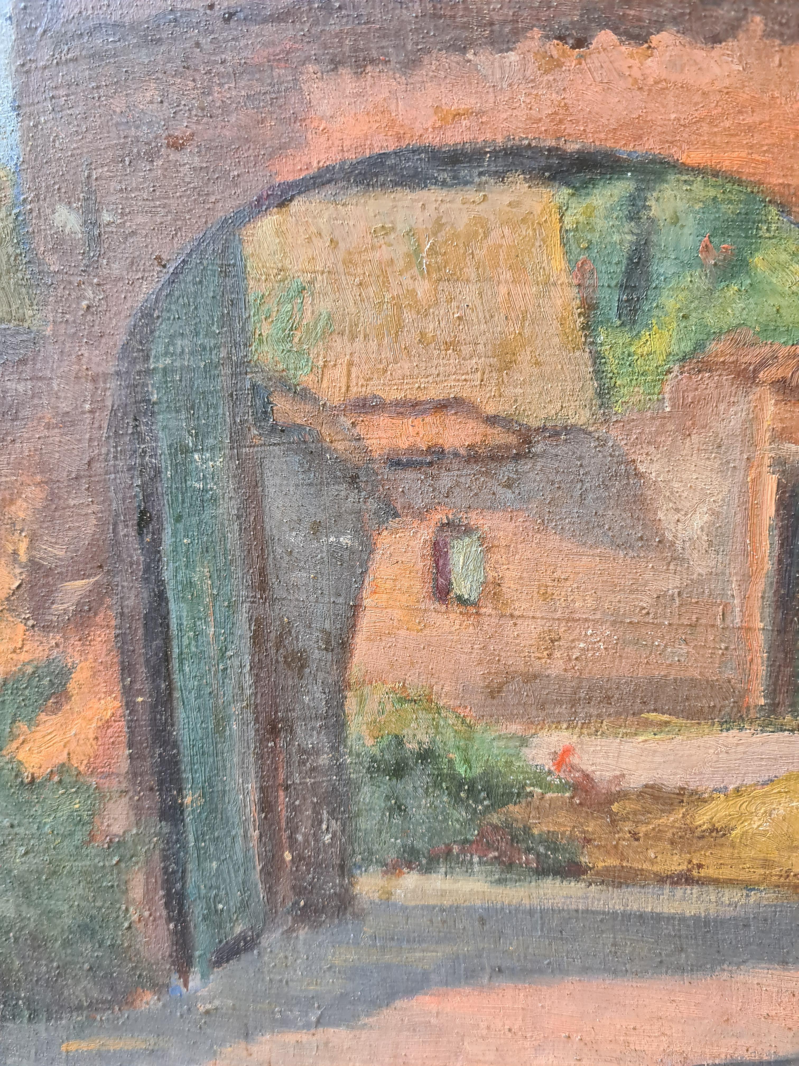 French Impressionist Barbizon School Oil on Board, The Gateway to the Farm - Brown Landscape Painting by Georges Guerin