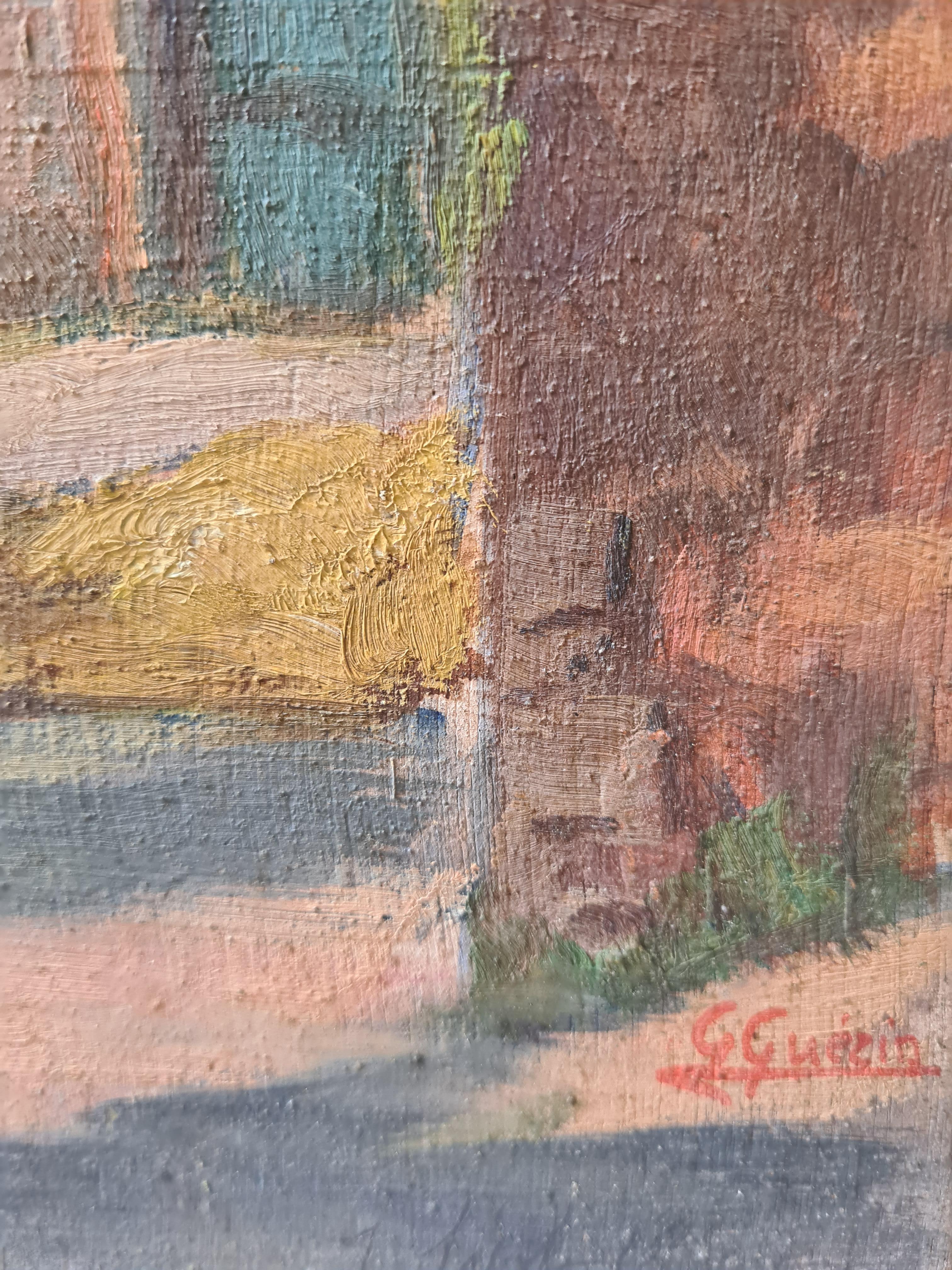 1940 French Impressionist Barbizon School oil on panel view of a gateway into a farm by Georges Guerin (1910-1984). The painting is signed and dated, 7th september 1940, bottom right and again top right. The painting is double sided and to the
