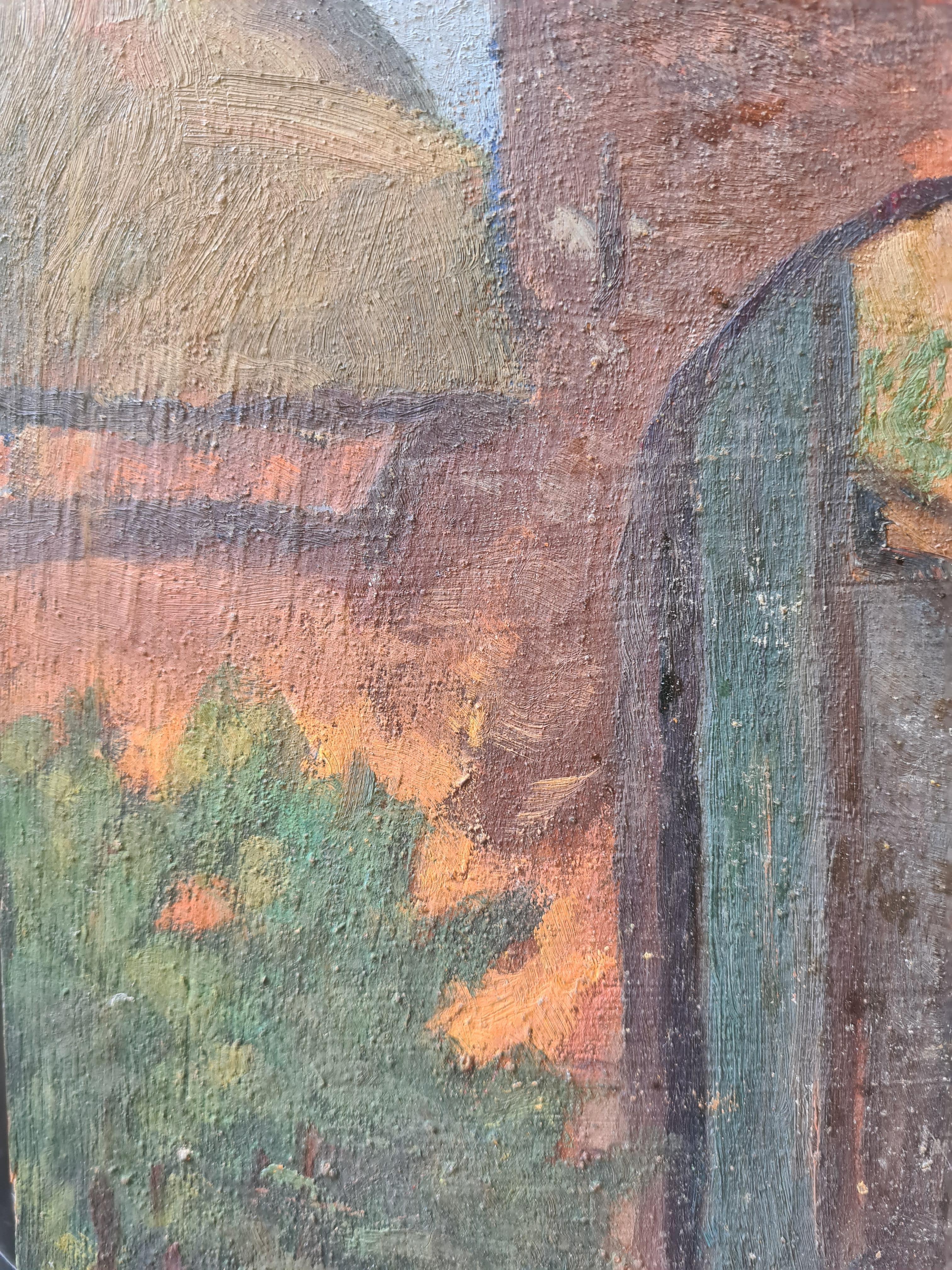 French Impressionist Barbizon School Oil on Board, The Gateway to the Farm 2