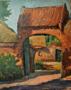 Olio su tavola della Scuola di Barbizon dell'Impressionismo francese, La porta della fattoria
