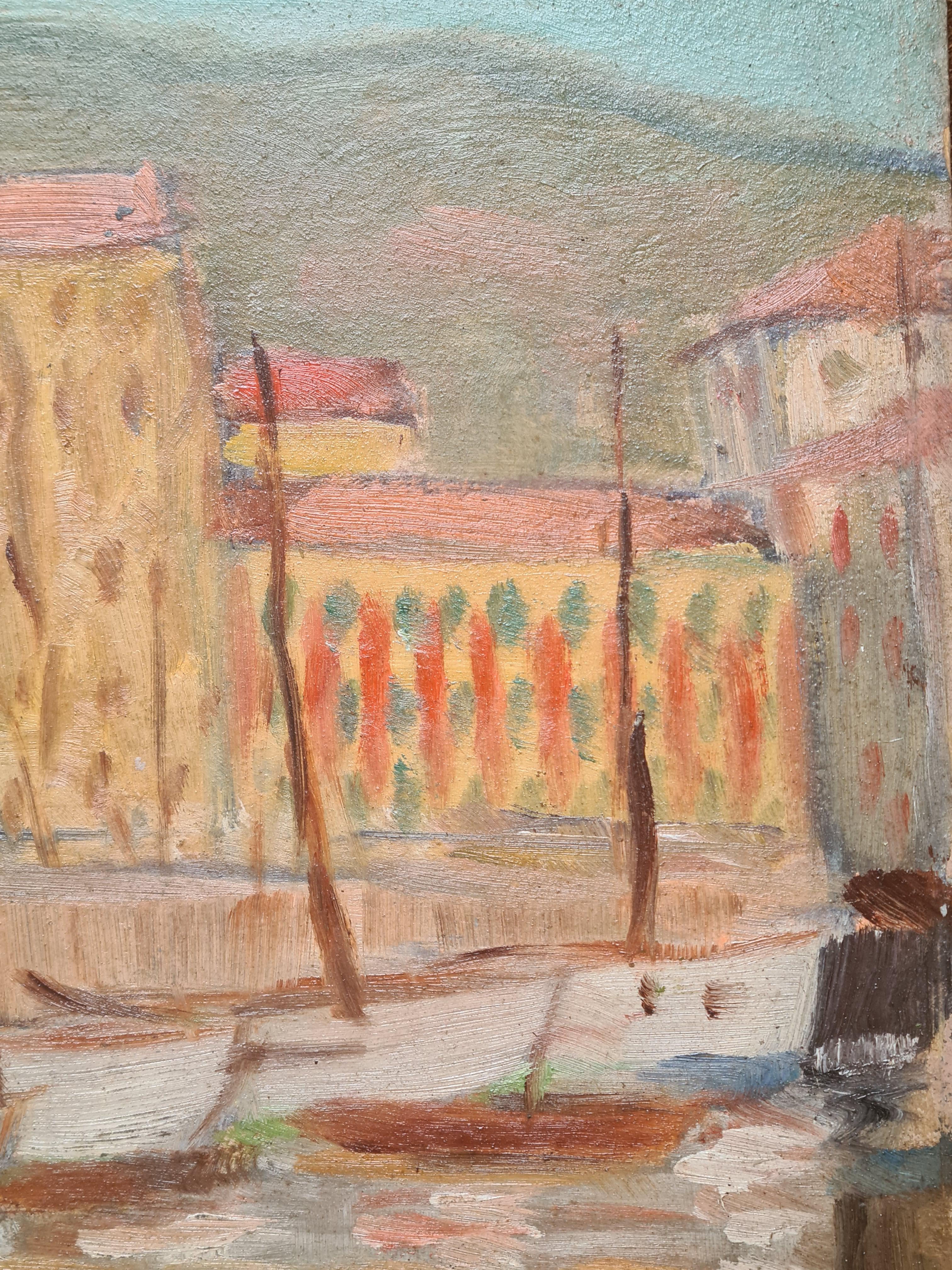 Olio su tavola impressionista della Scuola di Barbizon, Il Vecchio Porto, Nizza Costa Azzurra - Painting di Georges Guerin